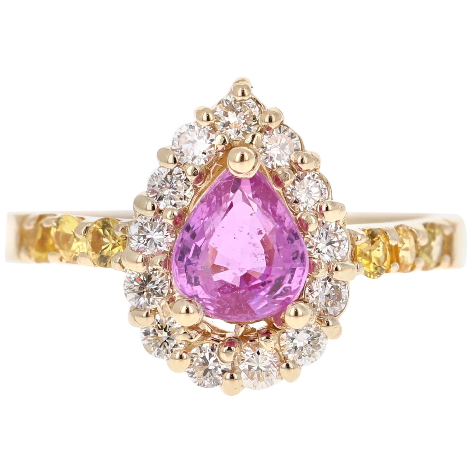 Bague en or jaune 14 carats avec saphir rose, saphir jaune et diamant de 1,80 carat