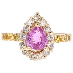 Bague en or jaune 14 carats avec saphir rose, saphir jaune et diamant de 1,80 carat