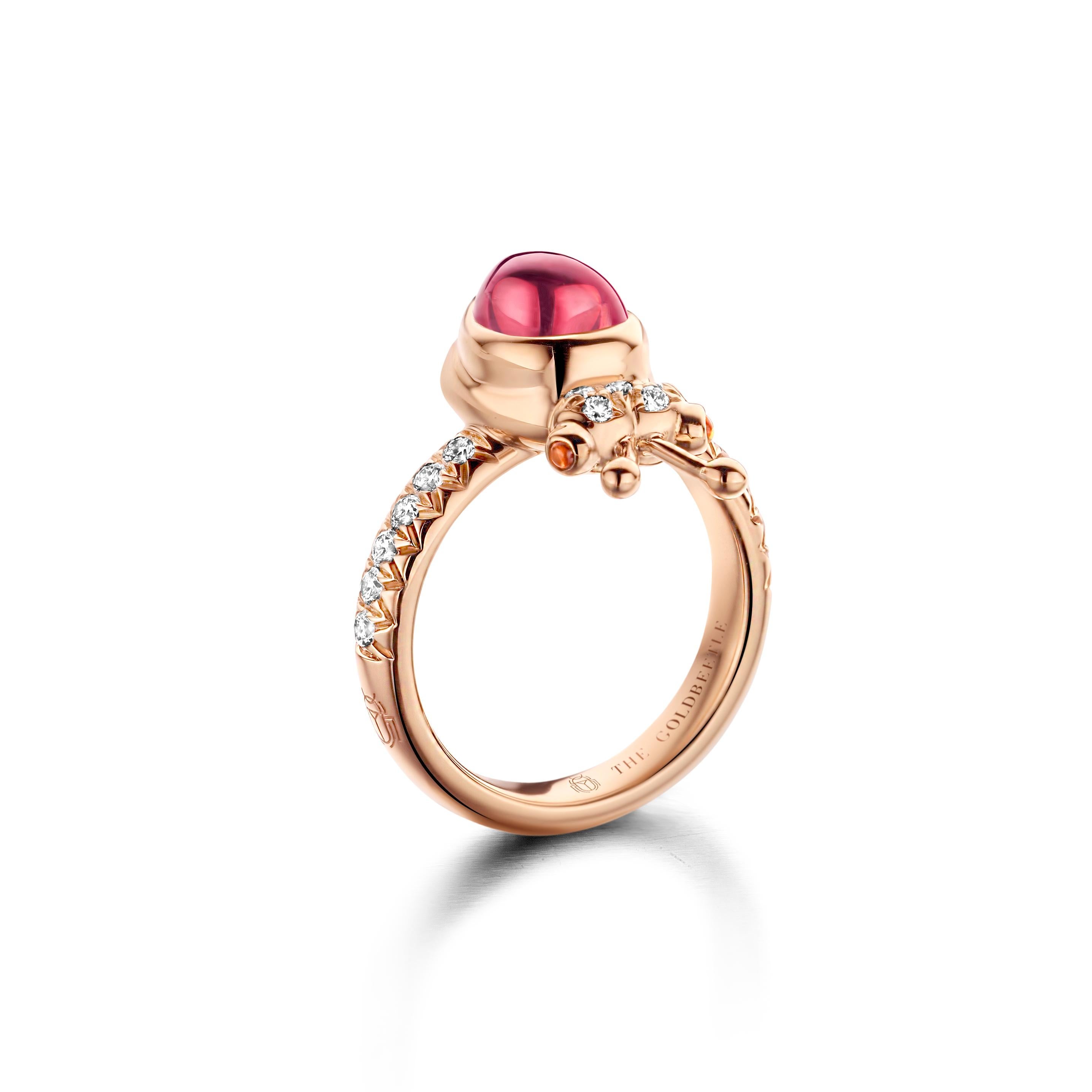 One of a kind lucky beetle ring in 18K rose gold 8,6 g set with the finest diamonds in brilliant cut 0,34Ct (VVS/DEF quality) one natural, pink tourmaline in pear cabochon cut 1,80Ct and two tsavorites in round cabochon cut. 

Celine Roelens, a