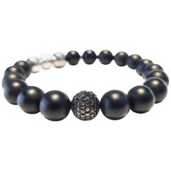 1.80 Carat Round Black Diamond 18 KT Gold Steel Black Agate Men's Bead Bracelet 