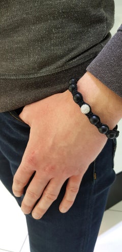 1.80 Carat Round White Diamond 18 Karat Gold Black Agate Men's Beaded Bracelet