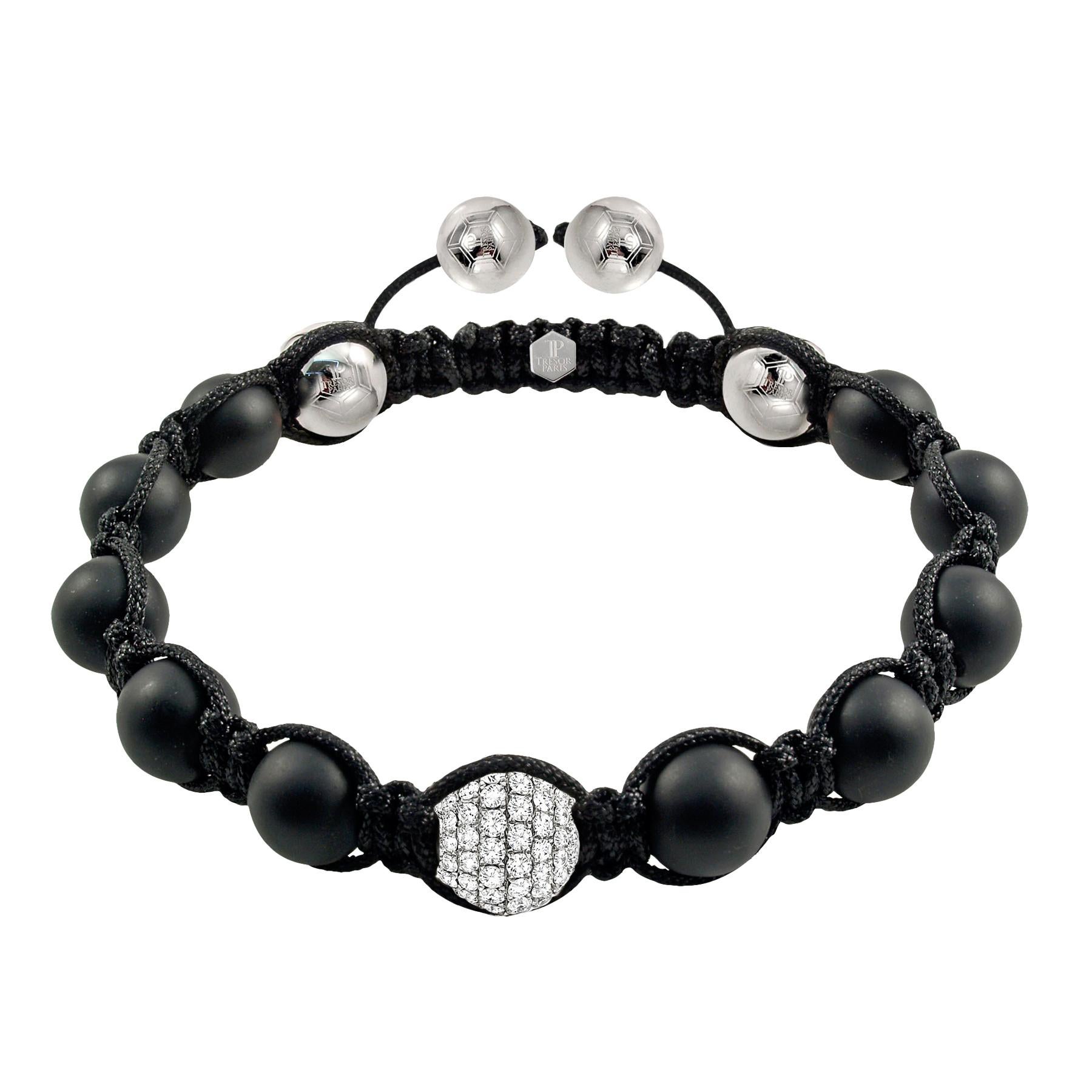 Bracelet de perles pour hommes en or 18 carats avec agate noire et diamants blancs ronds de 1,80 carat 