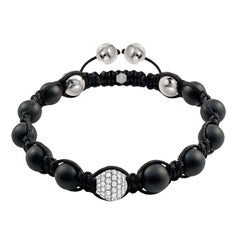 1.80 Carat Round White Diamond 18 Karat Gold Black Agate Men's Beaded Bracelet 