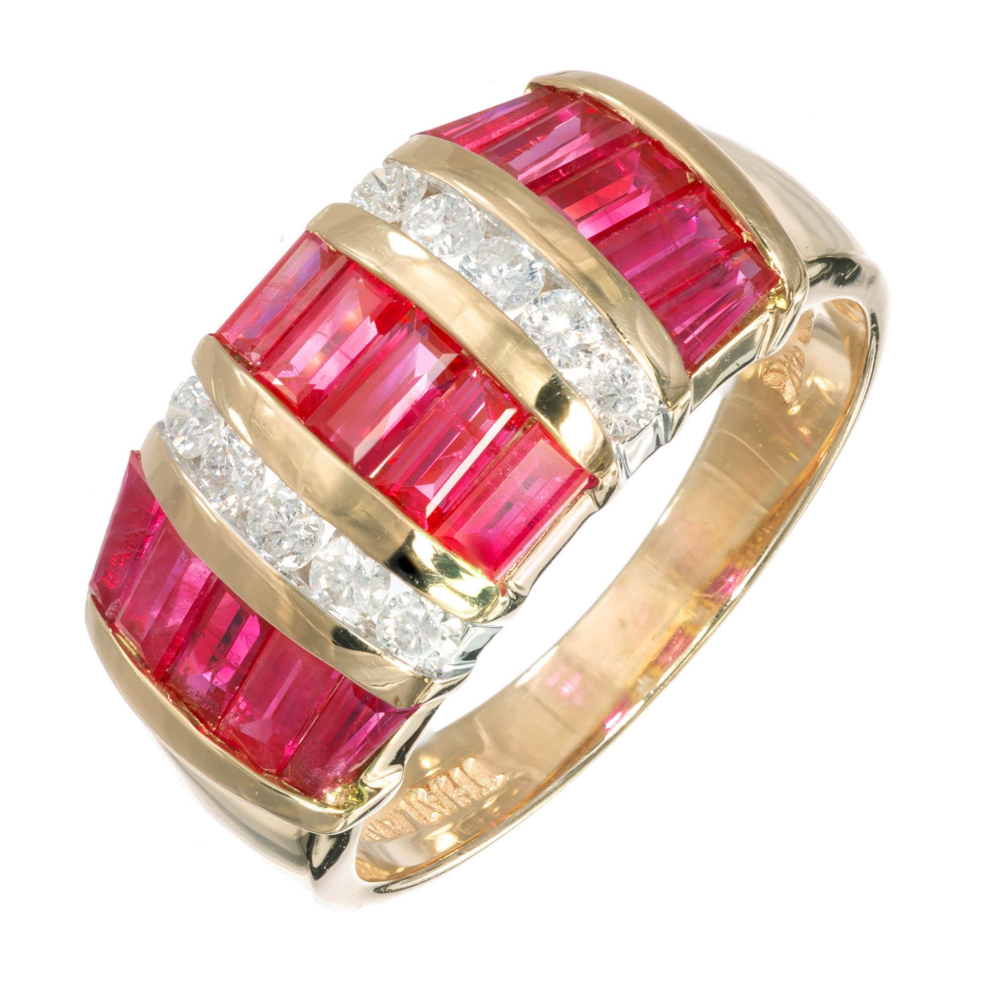 Baguette shaped rubies channel set in three rows with a channel row of round brilliant cut diamonds set between, in a 14k yellow gold setting.

15 baguette ruby Approximate 1.5 carat
10 round G-H SI diamonds Approximate .30 carat
Size 7 and