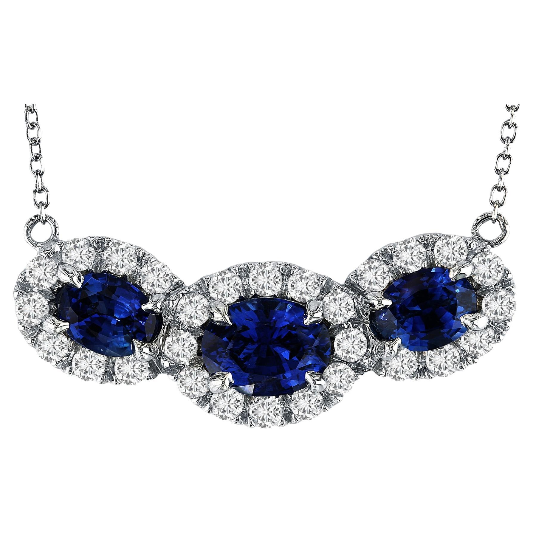 1.80 Carat Sapphire Oval Trio Pendant With 0.50 Ct Diamond in 18k White ref896