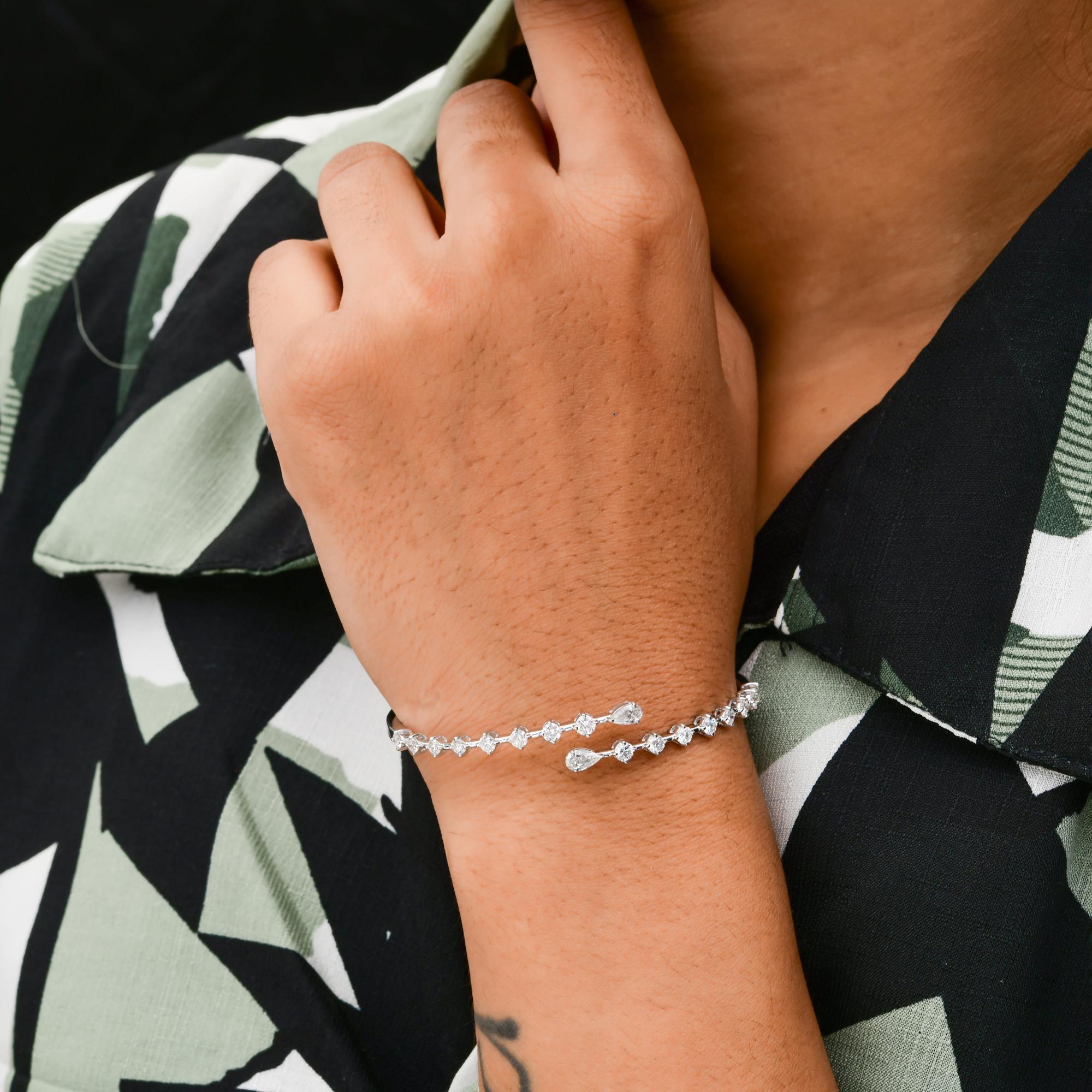 Pear Cut 1.80 Carat SI Clarity HI Color Diamond Wrap Bangle Bracelet 14 Karat White Gold For Sale