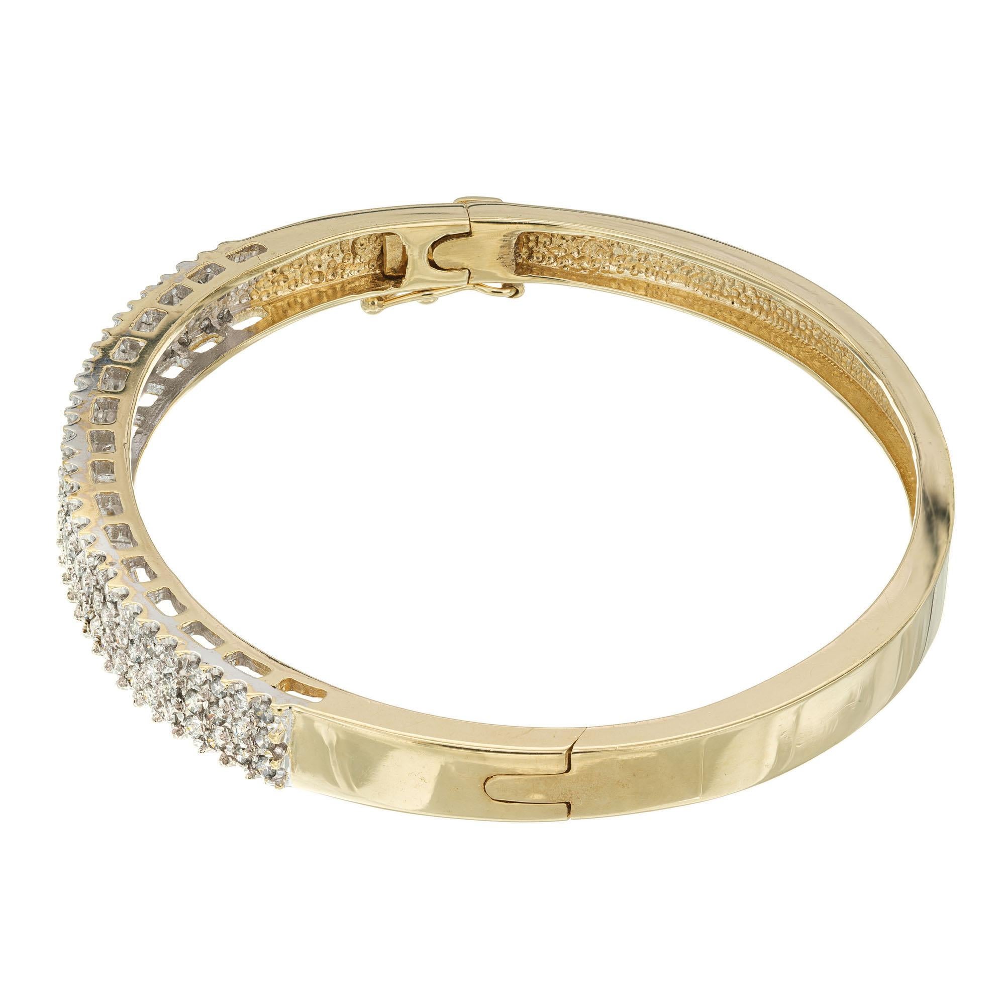 Modern 1.80 Carat Three-Row Round Diamond Gold Bangle Bracelet For Sale