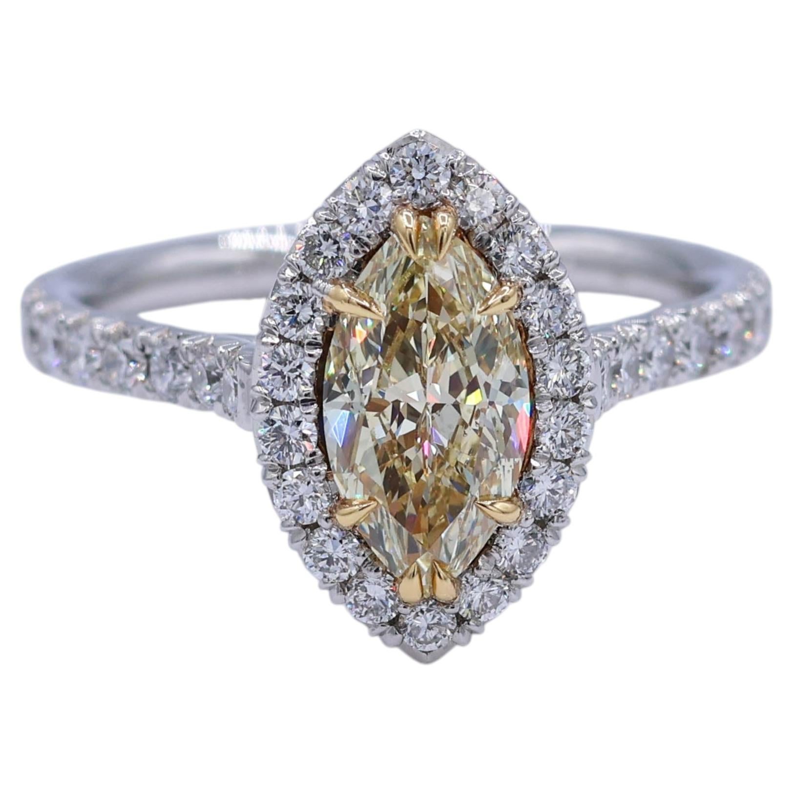 1.80 Carat Total Weight Gia Fancy Light Yellow Marquise Halo Ring Plat/18ky