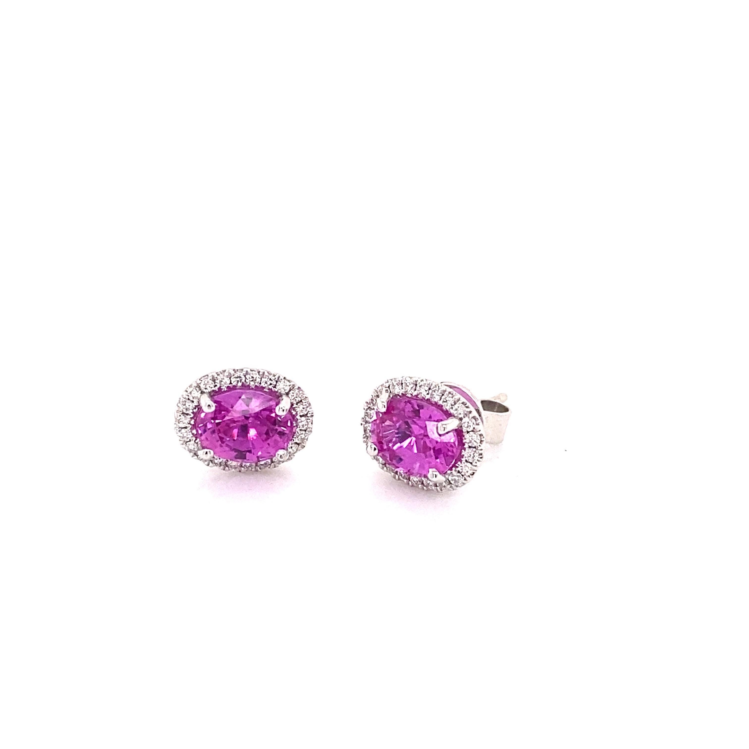 1.80 Carat Total Weight Oval Cut Natural Pink Sapphire & Diamond Halo Studs For Sale 1