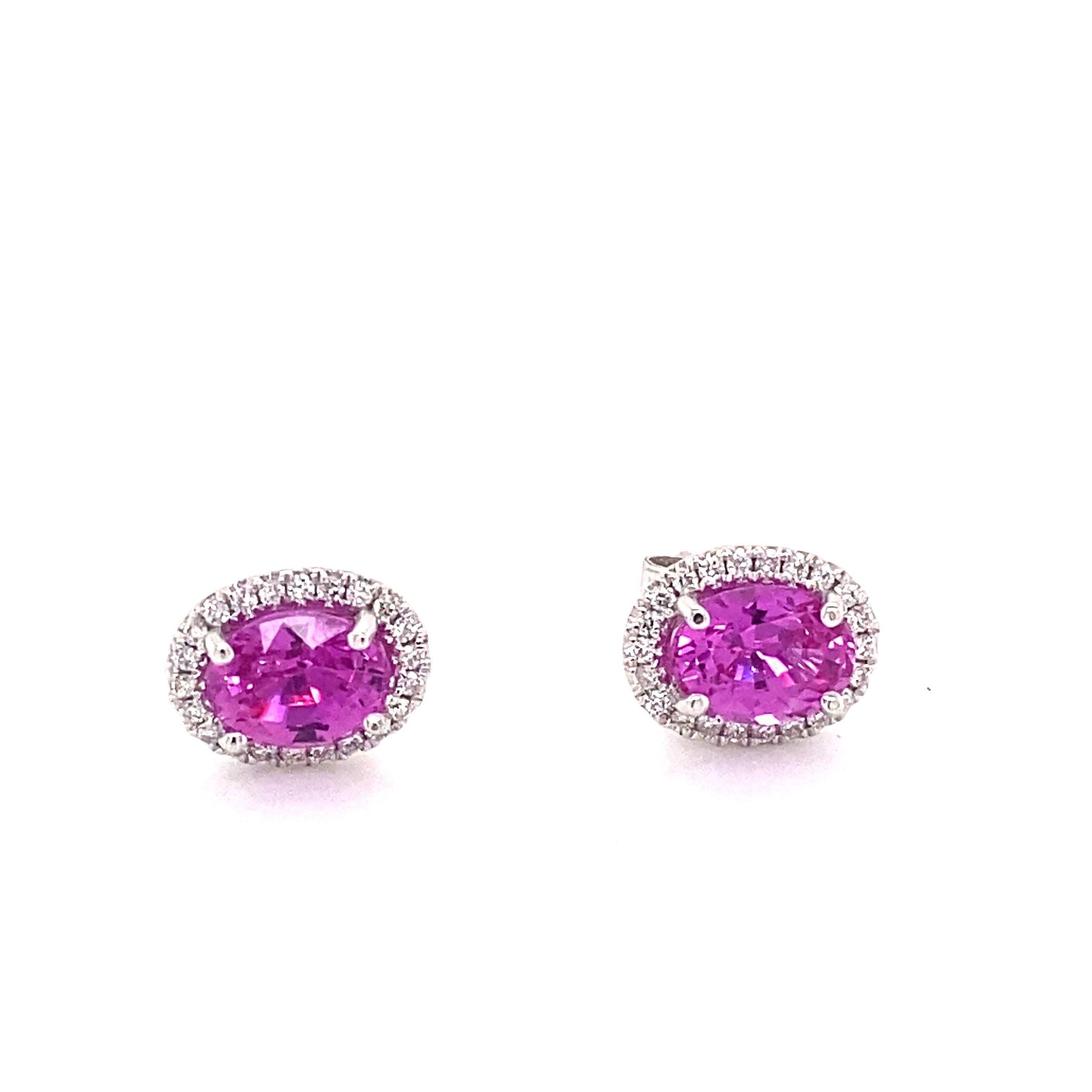 1.80 Carat Total Weight Oval Cut Natural Pink Sapphire & Diamond Halo Studs For Sale 3
