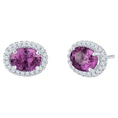 1.80 Carat Total Weight Oval Cut Natural Pink Sapphire & Diamond Halo Studs