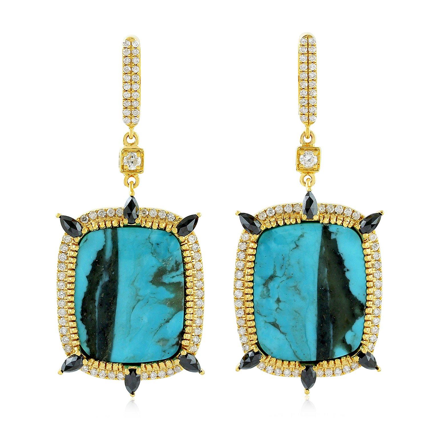 Mixed Cut 18.0 Carat Turquoise Diamond 18 Karat Gold Earrings For Sale