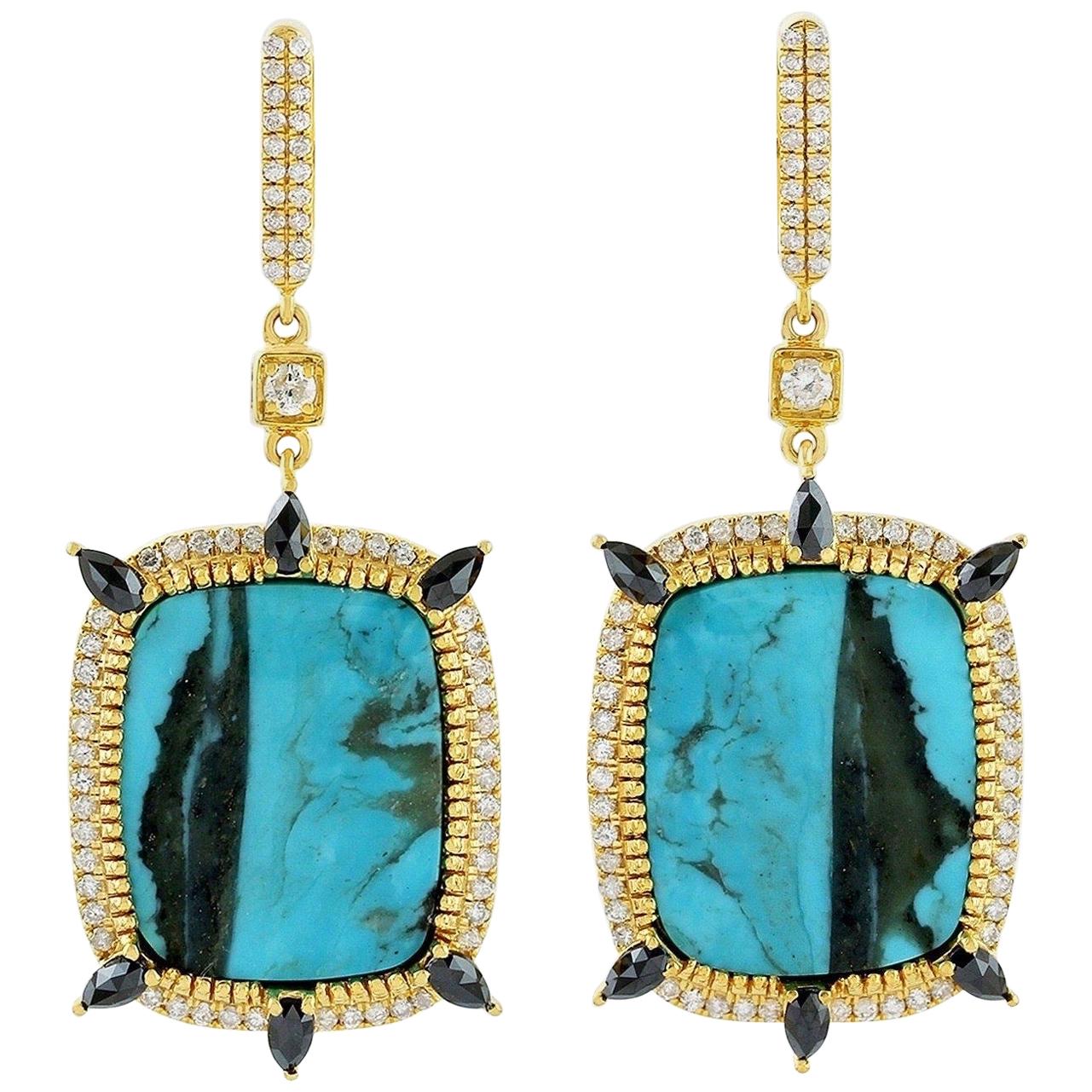 18.0 Carat Turquoise Diamond 18 Karat Gold Earrings For Sale