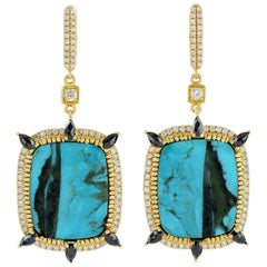 18.0 Carat Turquoise Diamond 18 Karat Gold Earrings