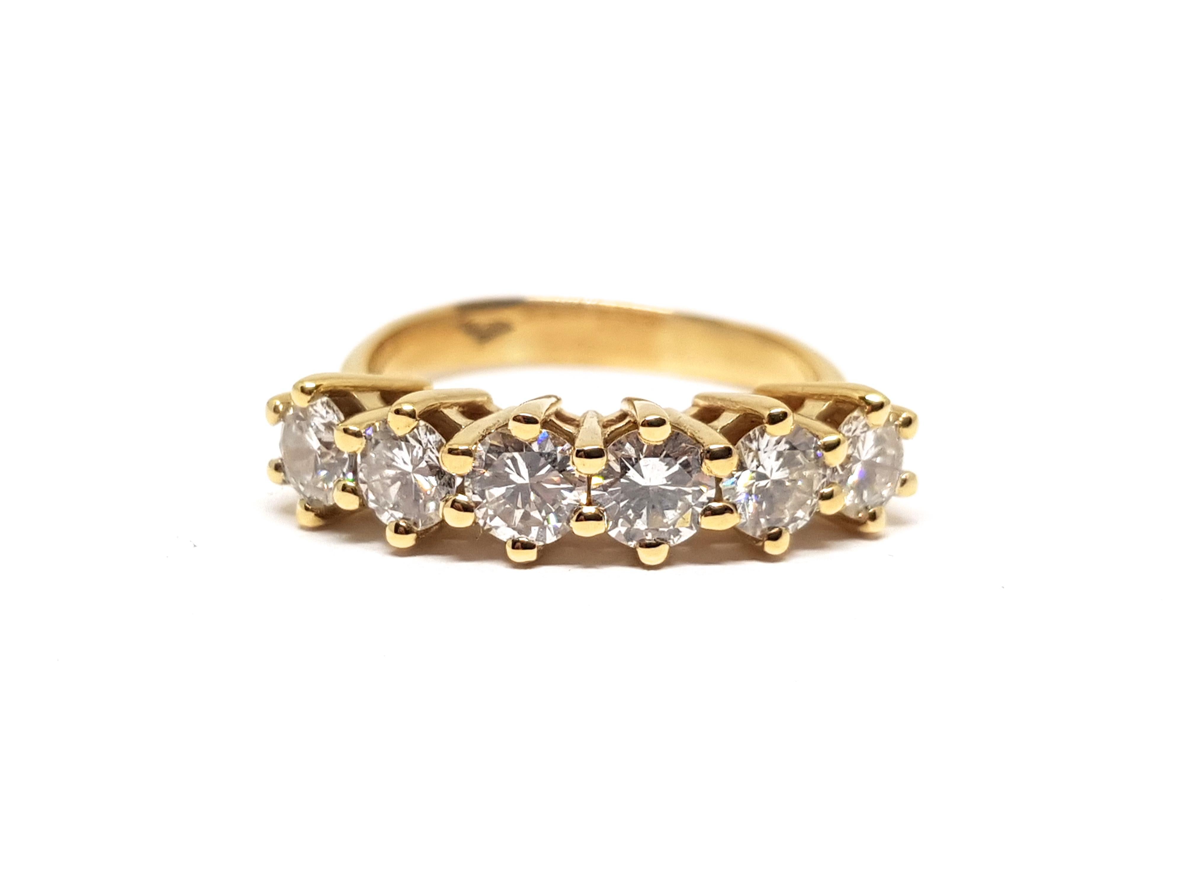 Gold: 18K Yellow Gold. 
Weight: 4.03 gr. 
Diamonds: 1.80ct. F / VS 
Width: 0,53 cm 
Ringsize: 54 / 17,25mm / US 7
Free resizing of ring up to size 70 / 22mm / US 13
Shipping: free worldwide insured shipping 
All of our jewellery is hallmarked and