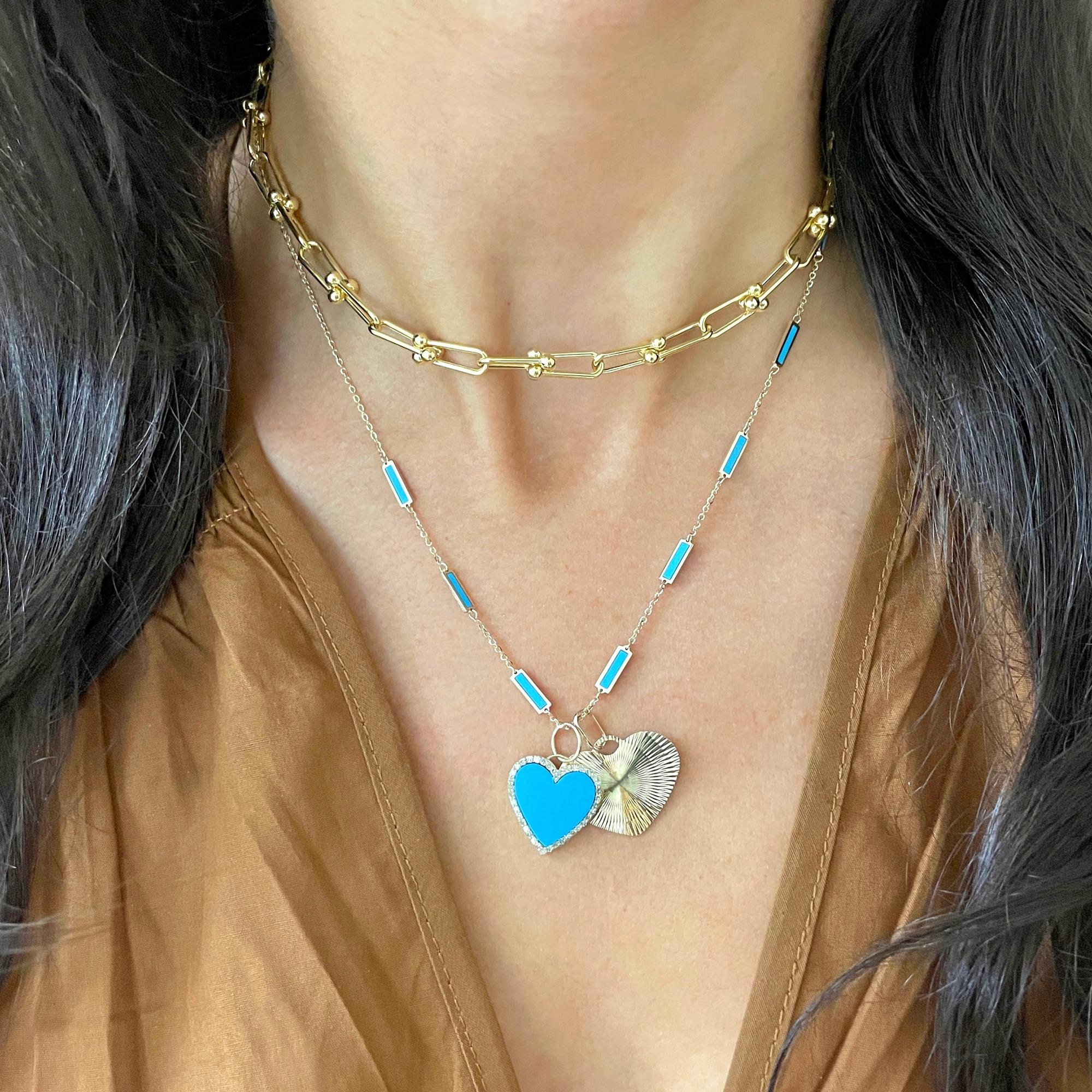 Contemporary 1.80 Carats Chubby Deep Blue Turquoise Heart Diamond Halo Charm 14K Yellow Gold