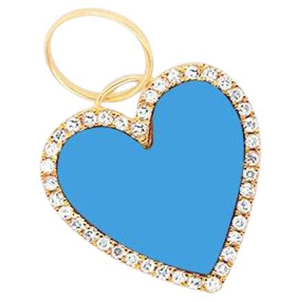 1.80 Carats Chubby Deep Blue Turquoise Heart Diamond Halo Charm 14K Yellow Gold