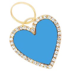1.80 Carats Chubby Deep Blue Turquoise Heart Diamond Halo Charm 14K Yellow Gold