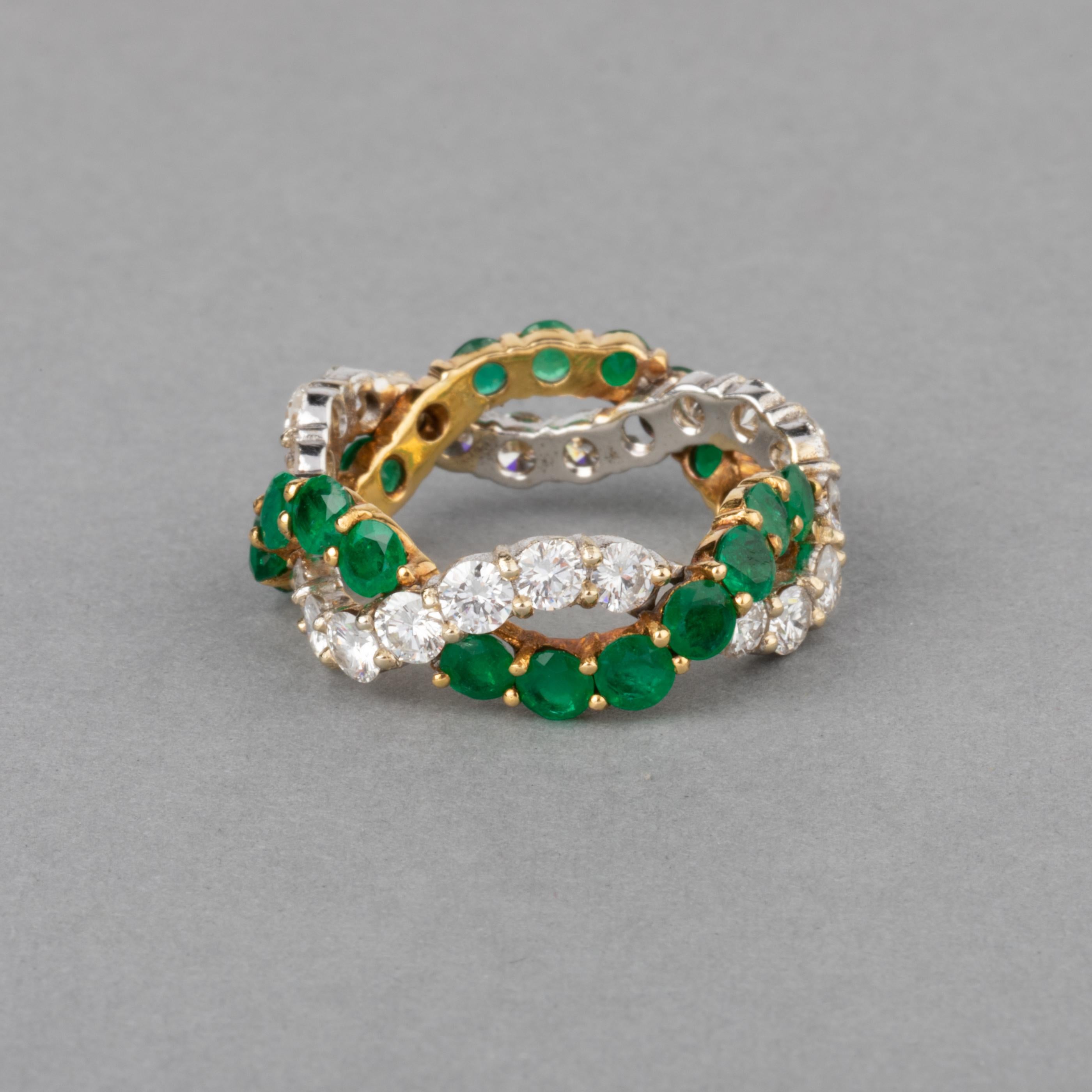 1.80 Carat Diamonds and 2.20 Carat Emeralds French Ring For Sale 1