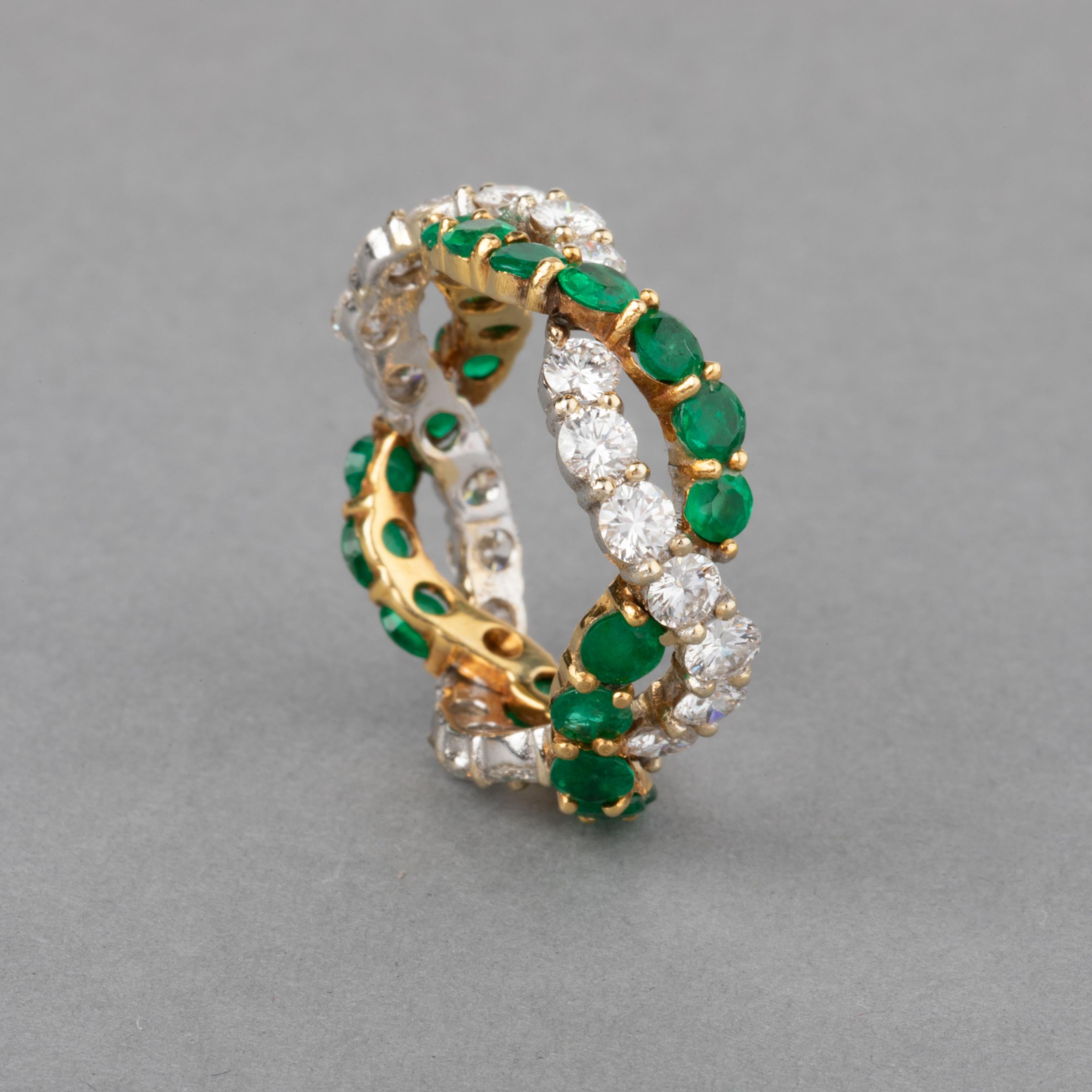 1.80 Carat Diamonds and 2.20 Carat Emeralds French Ring For Sale 2