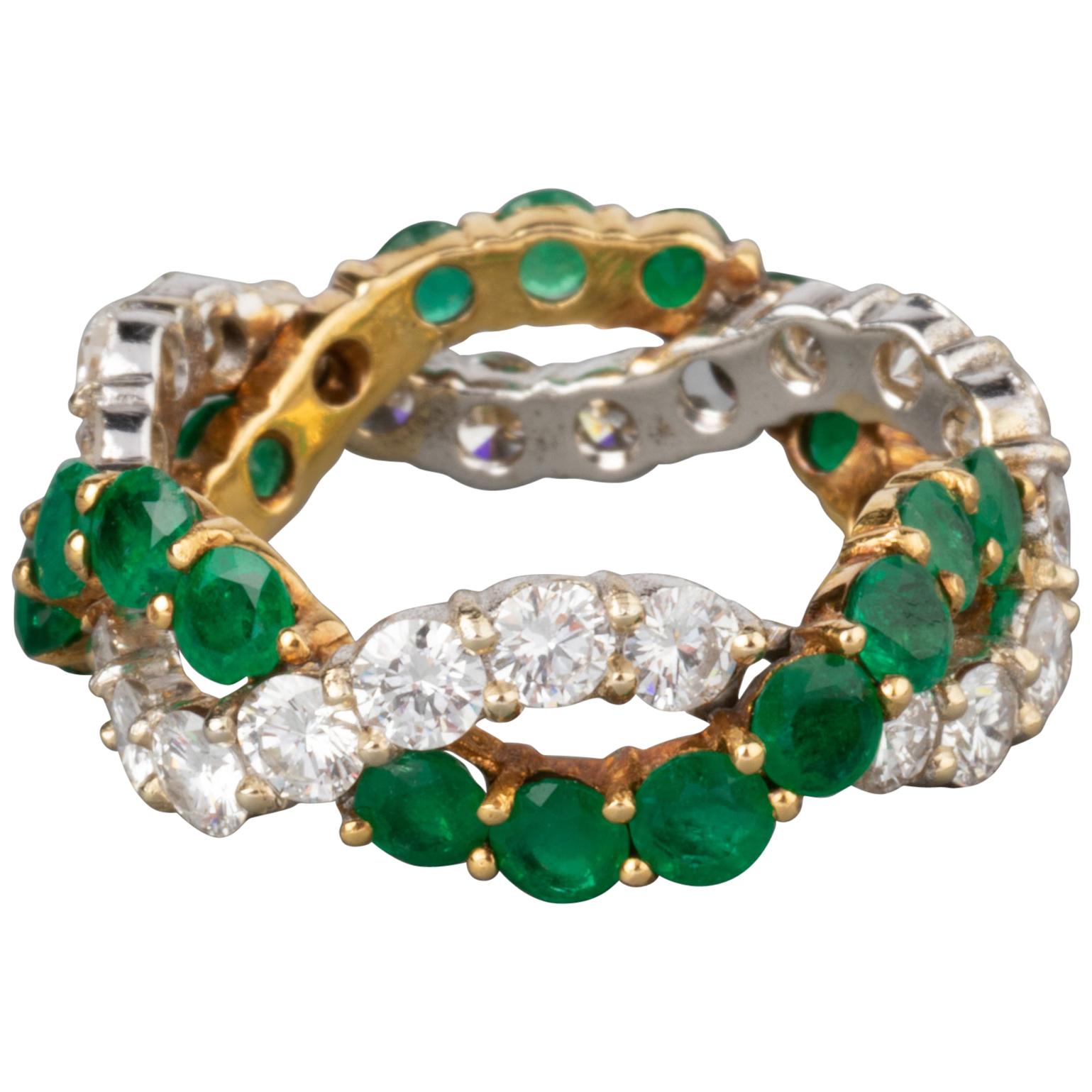 1.80 Carat Diamonds and 2.20 Carat Emeralds French Ring For Sale