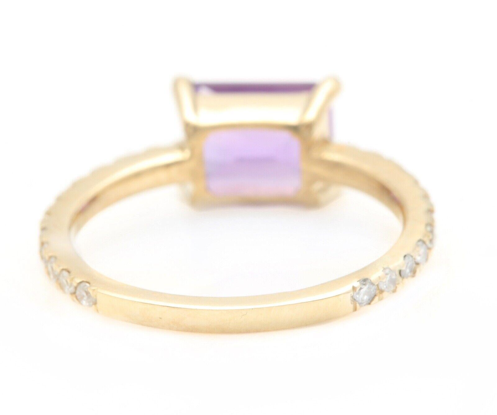 1.80 Carats Natural Amethyst and Diamond 14K Solid Yellow Gold Ring

Suggested Replacement Value: $2,000.00

Total Natural Emerald Cut Amethyst Weights: Approx. 1.50 Carats 

Amethyst Measures: Approx. 8.00 x 6.00mm

Natural Round Diamonds Weight: