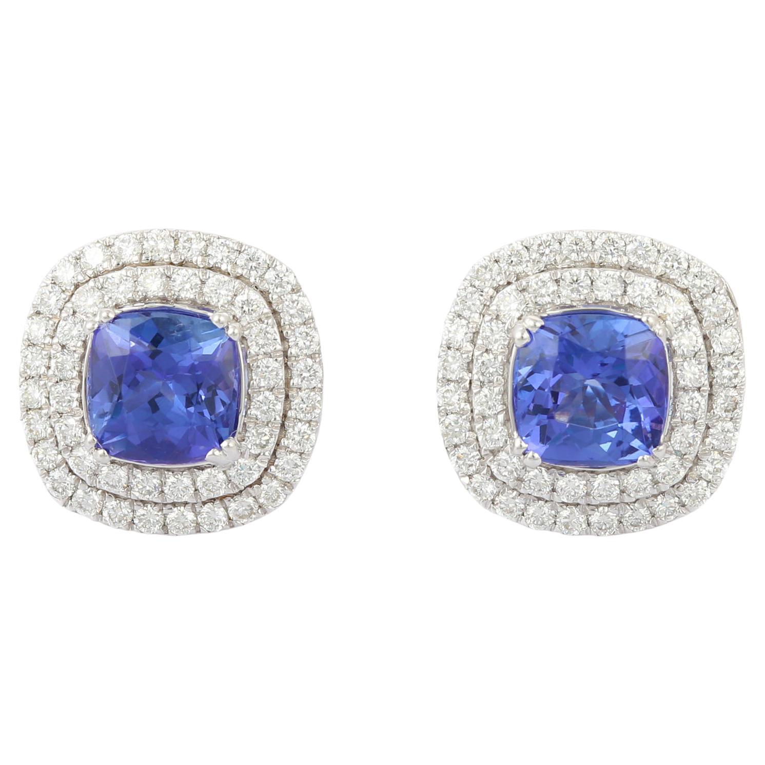 1.80 Carats Natural Tanzanite and Diamond Stud Earrings in 18K White Gold For Sale
