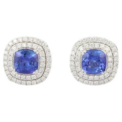 1.80 Carats Natural Tanzanite and Diamond Stud Earrings in 18K White Gold
