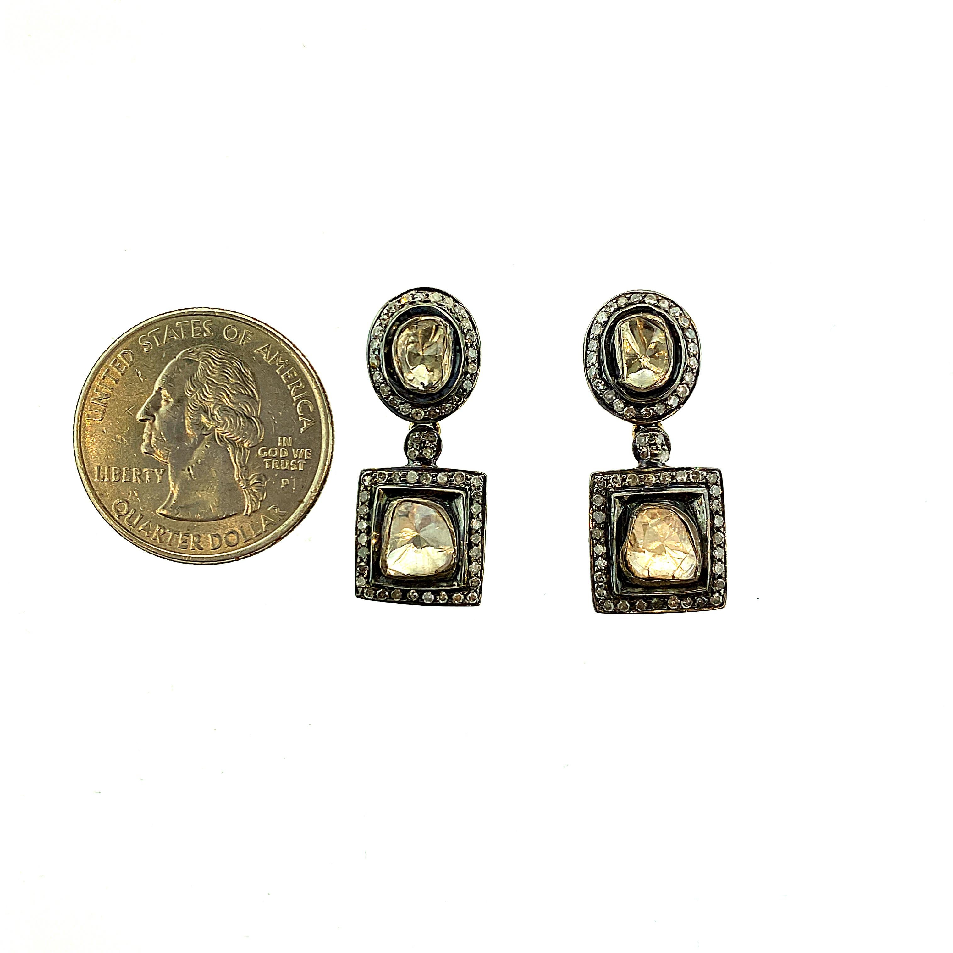 1.80 ct Old Mine Cut (Polki) Diamond Stud Drop Earring set in Oxidized Sterling Silver and pure 14K Gold Post. The Stud Earring is a reproduction of Victorian Style (Mughal) Jewelry. It has been manufactured in India. Mine-cut diamonds are bezel set