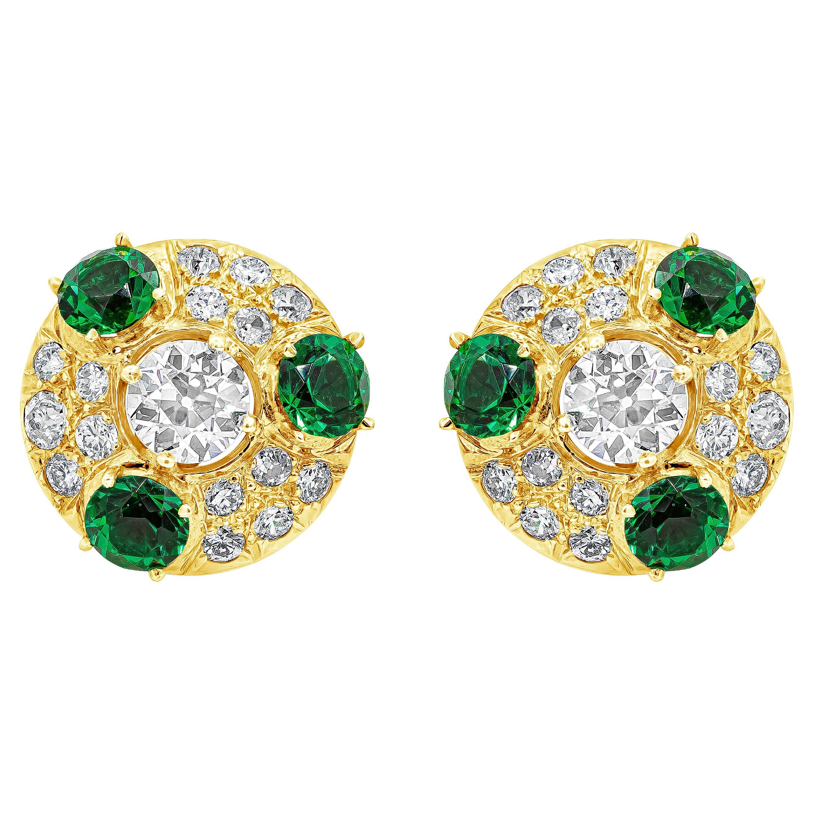 3.15 Carats Total Old European Cut Diamonds with Imitation Emerald Clip Earrings For Sale