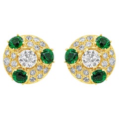 3.15 Carats Total Old European Cut Diamonds with Imitation Emerald Clip Earrings