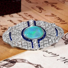 1.80 Ct. Opale noire, saphir et diamant Broche de style Art déco en or blanc 18 carats