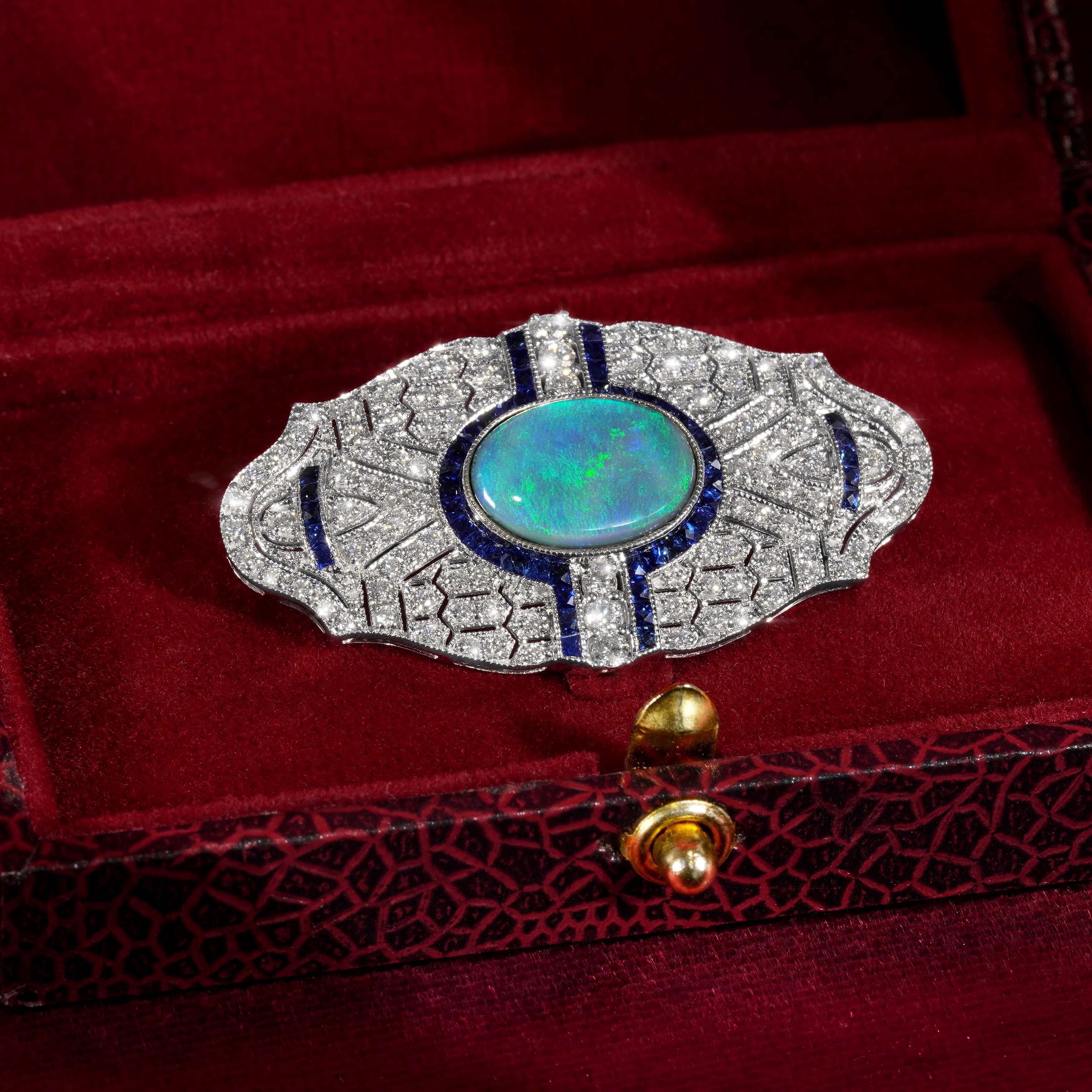 Oval Cut 1.80 Ct. Black Opal Sapphire and Diamond Art Deco Style Brooch in 18K White Gold For Sale