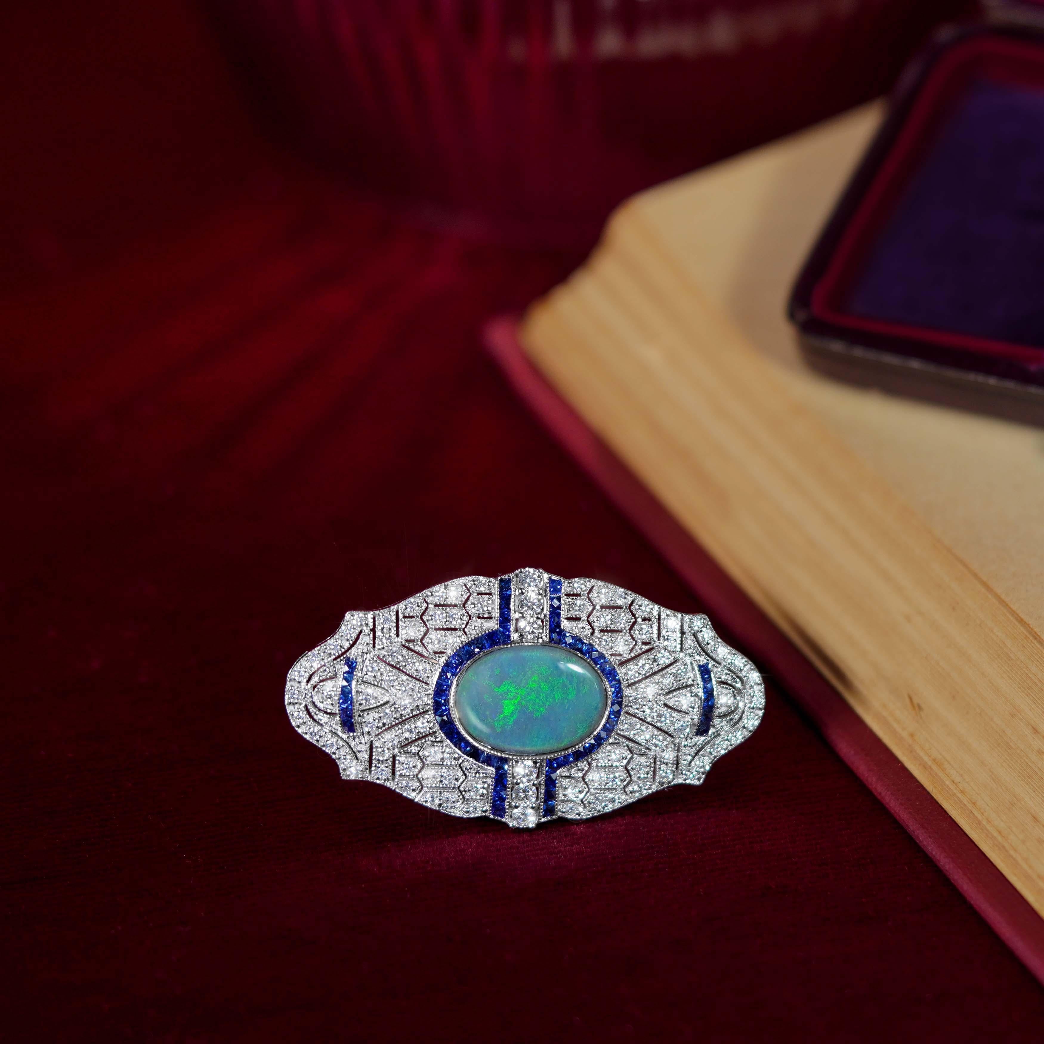 1.80 Ct. Black Opal Sapphire and Diamond Art Deco Style Brooch in 18K White Gold In New Condition For Sale In Bangkok, TH