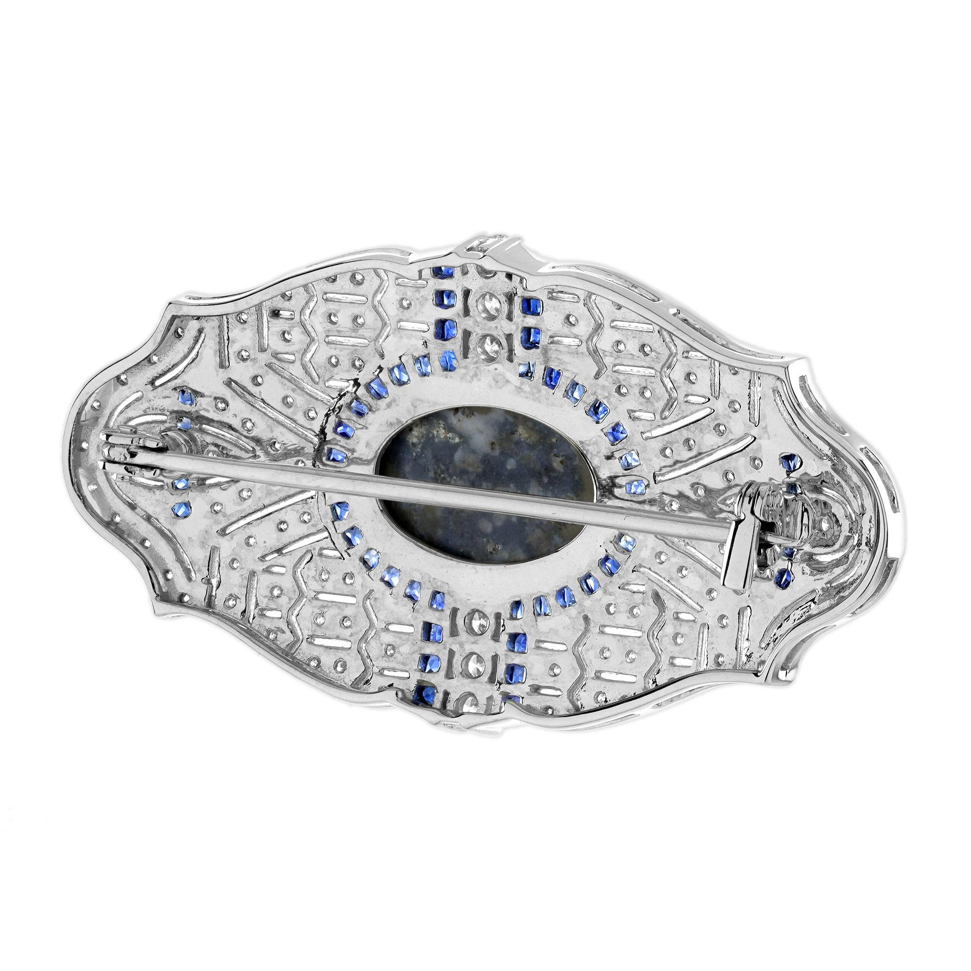 1,80 ct. Schwarzer Opal Saphir und Diamant Art Deco Stil Brosche in 18K Weißgold (Art déco) im Angebot