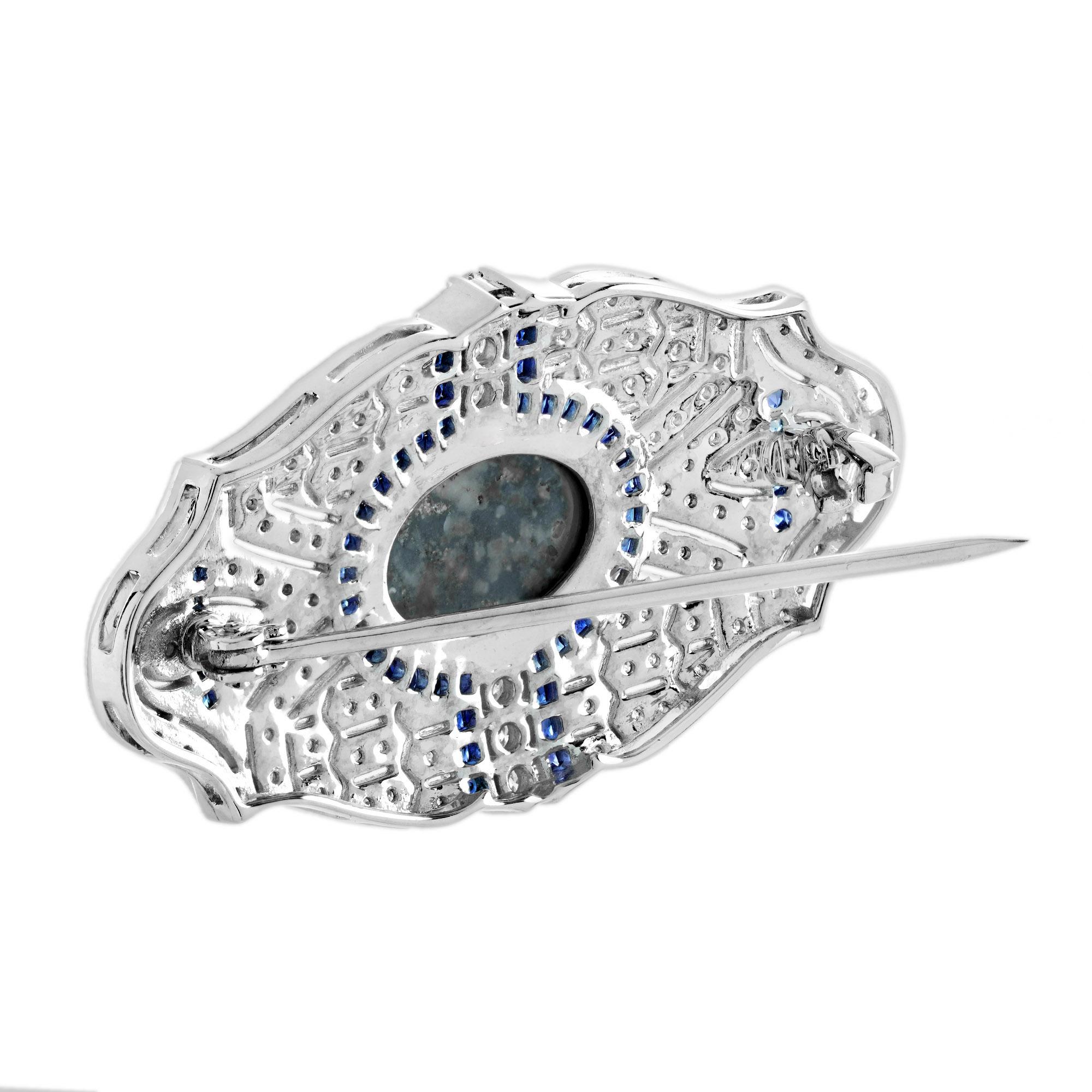 1,80 ct. Schwarzer Opal Saphir und Diamant Art Deco Stil Brosche in 18K Weißgold (Ovalschliff) im Angebot