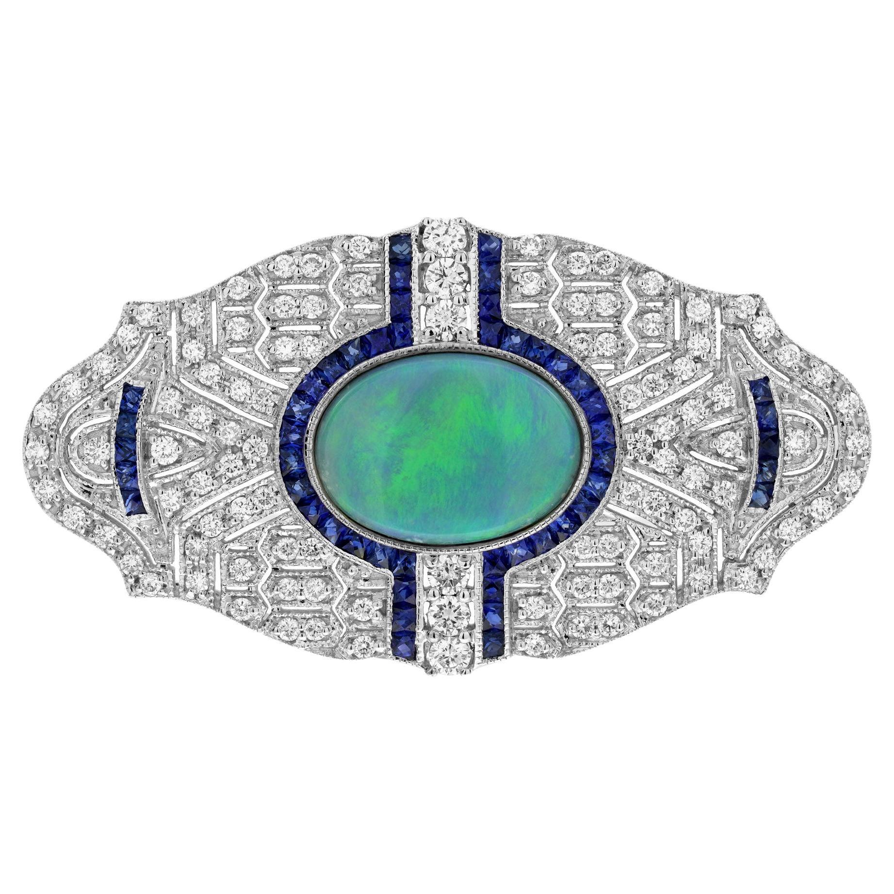 1.80 Ct. Black Opal Sapphire and Diamond Art Deco Style Brooch in 18K White Gold