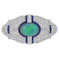 1.80 Ct. Black Opal Sapphire and Diamond Art Deco Style Brooch in 18K White Gold