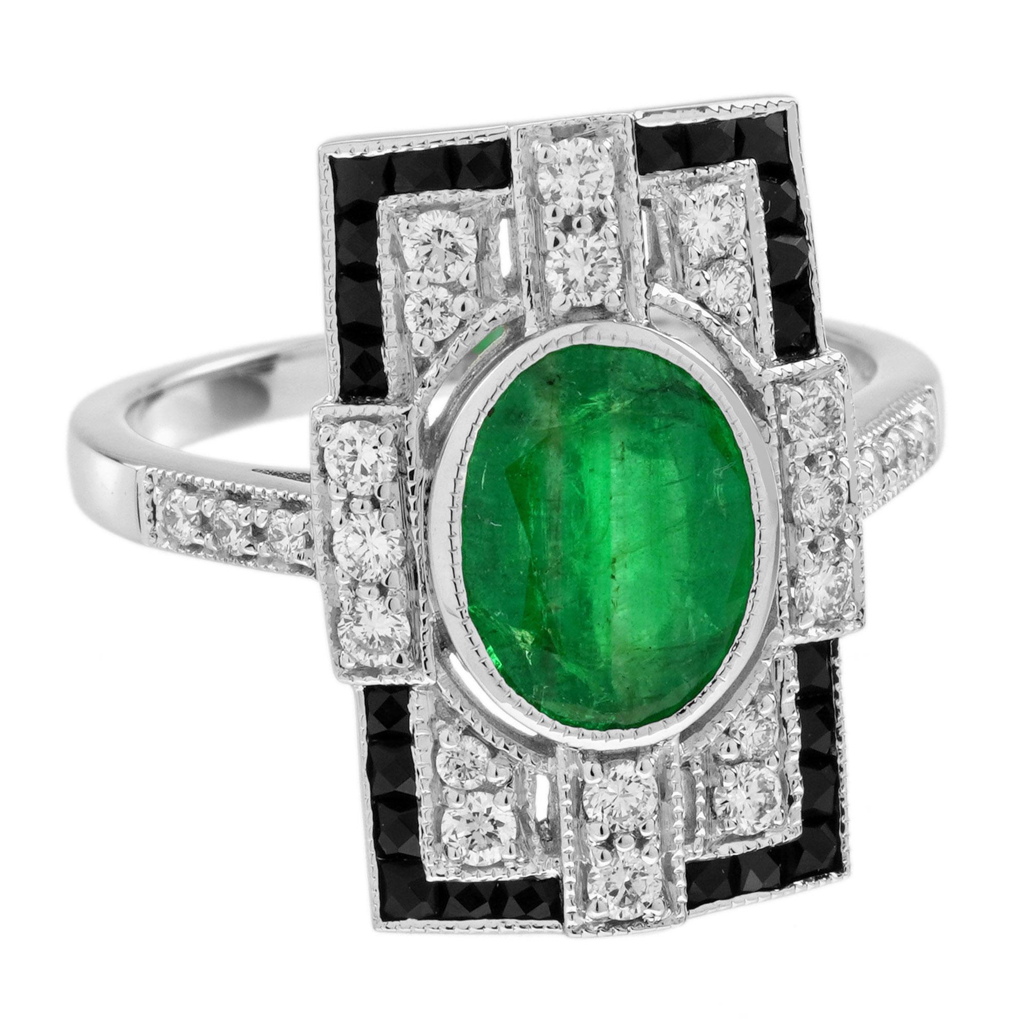 A vivid 1.8 carat oval emerald bezel-set at the center, radiating timeless elegance. A sparkling diamonds surrounds the emerald, adding brilliance and contrast. Framed by sleek black onyx in a bold rectangular shape, it captures true vintage
