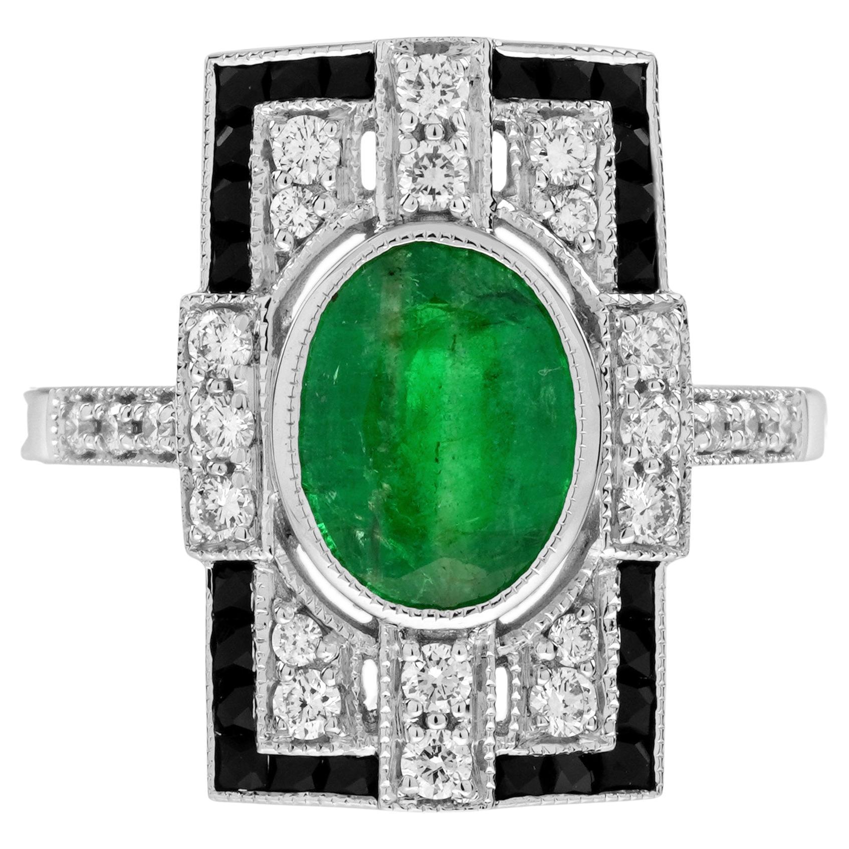 1,80 Ct. Anello con smeraldo e onice e diamante in stile Art Déco a forma rettangolare in oro 18 carati