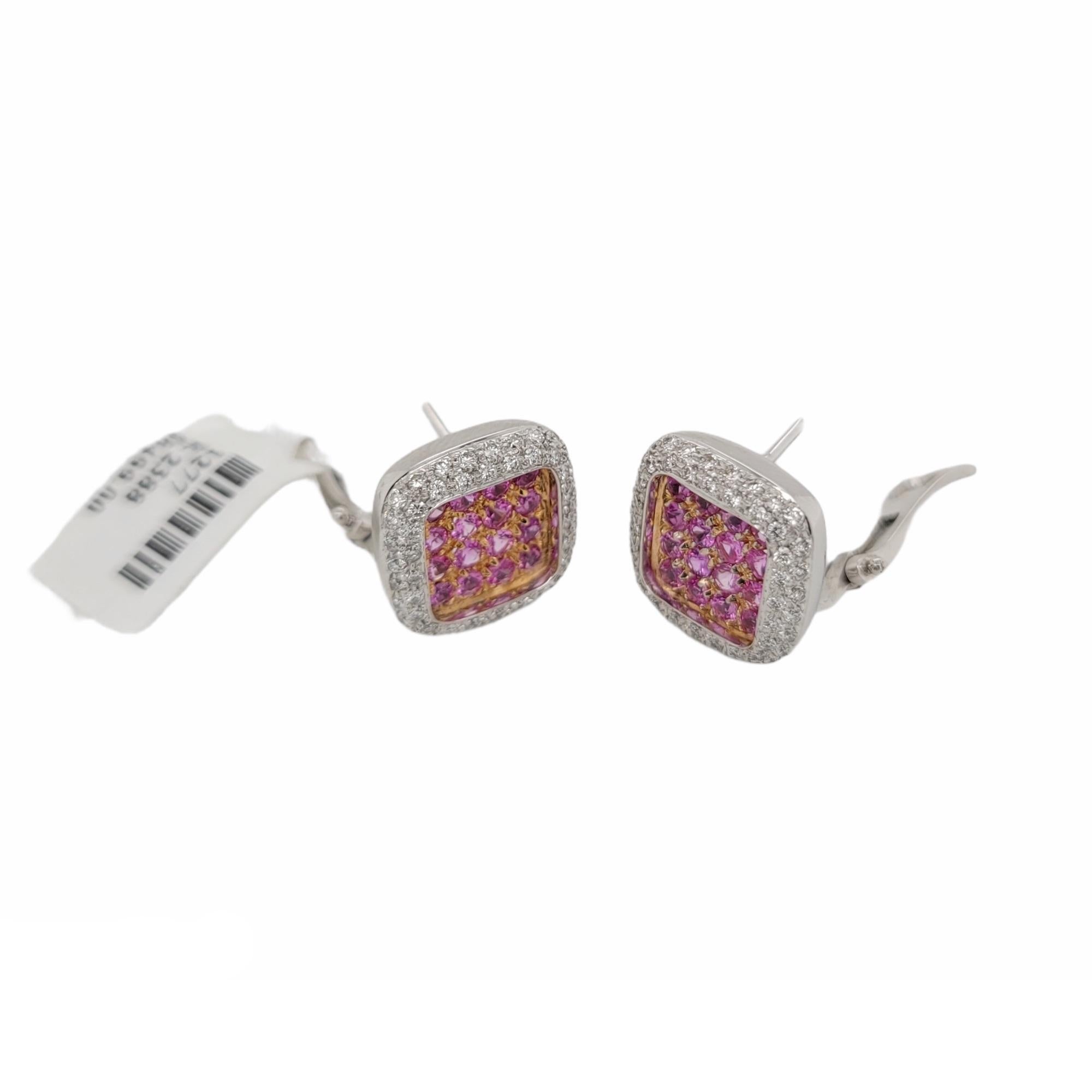 1.80 CT Natural Pink Sapphire & 1.68 CT Diamonds in 18K White Gold Earrings In Excellent Condition For Sale In Los Angeles, CA