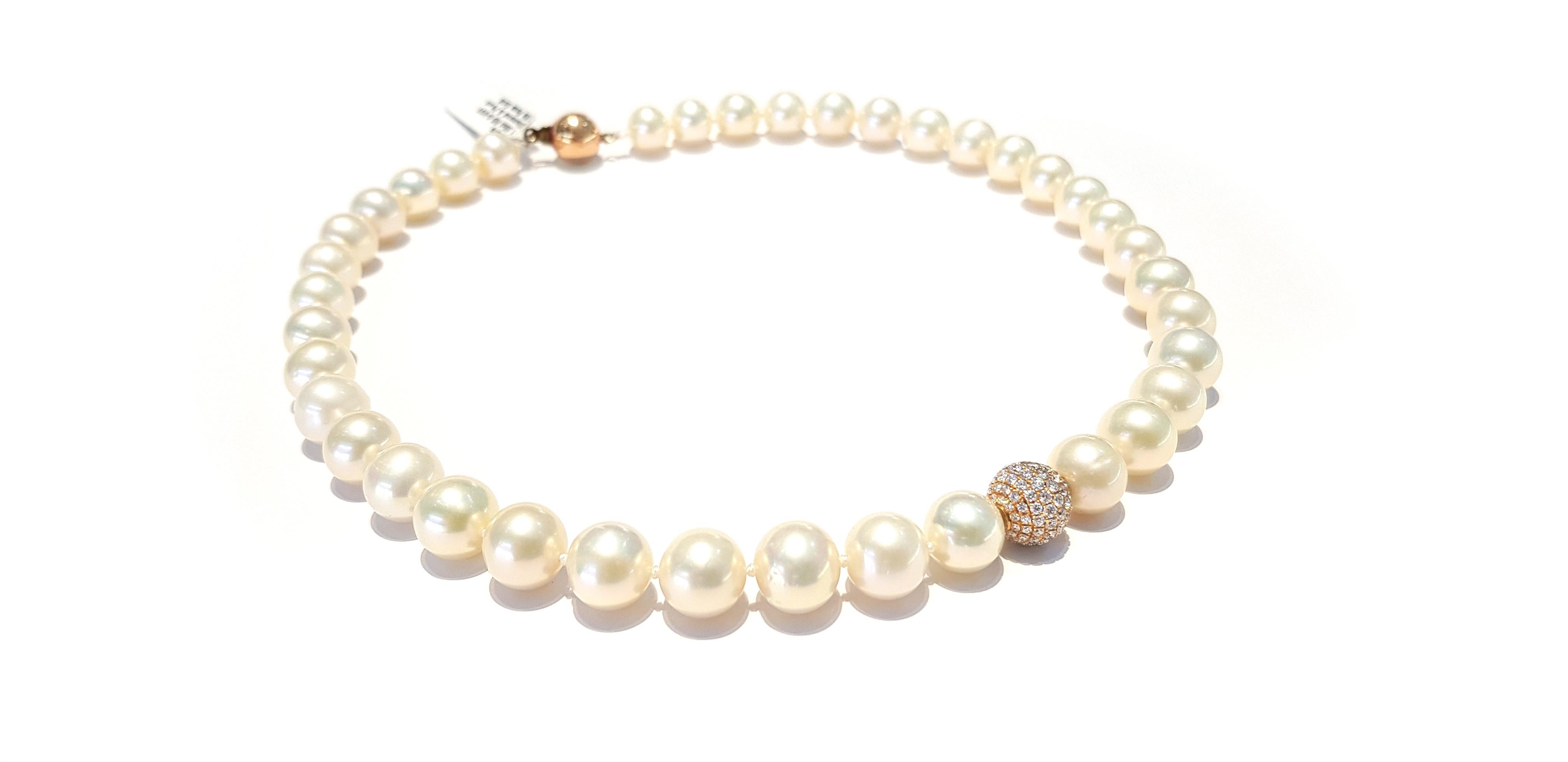 1.80 CT Pave Set Diamond 18KT Rose Gold White Fresh Water Modern Pearl Necklace  In New Condition For Sale In London, GB