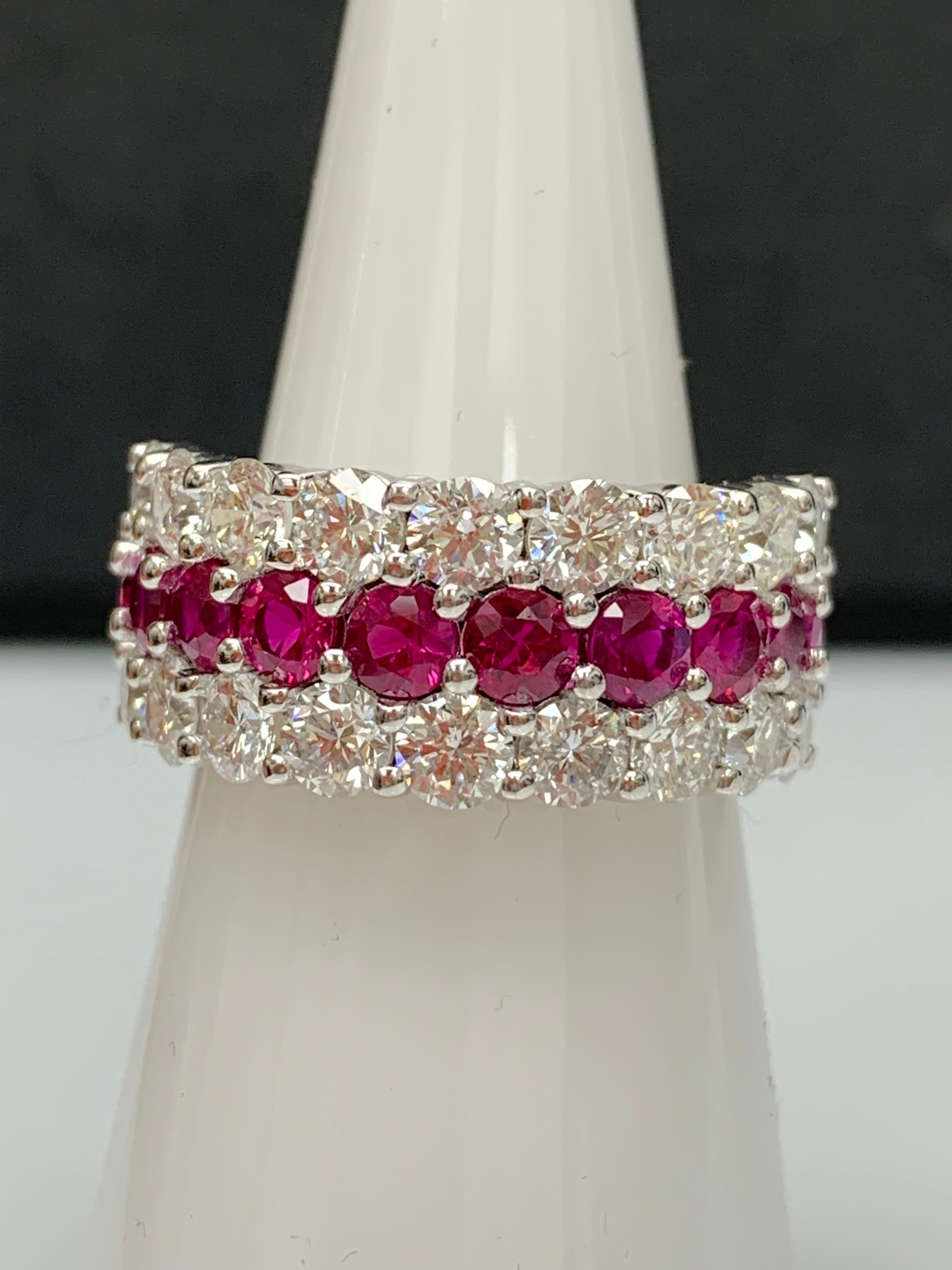 1.80 Ct Round Shape Ruby and Diamond Three Row Band Ring in 14K White Gold For Sale 6