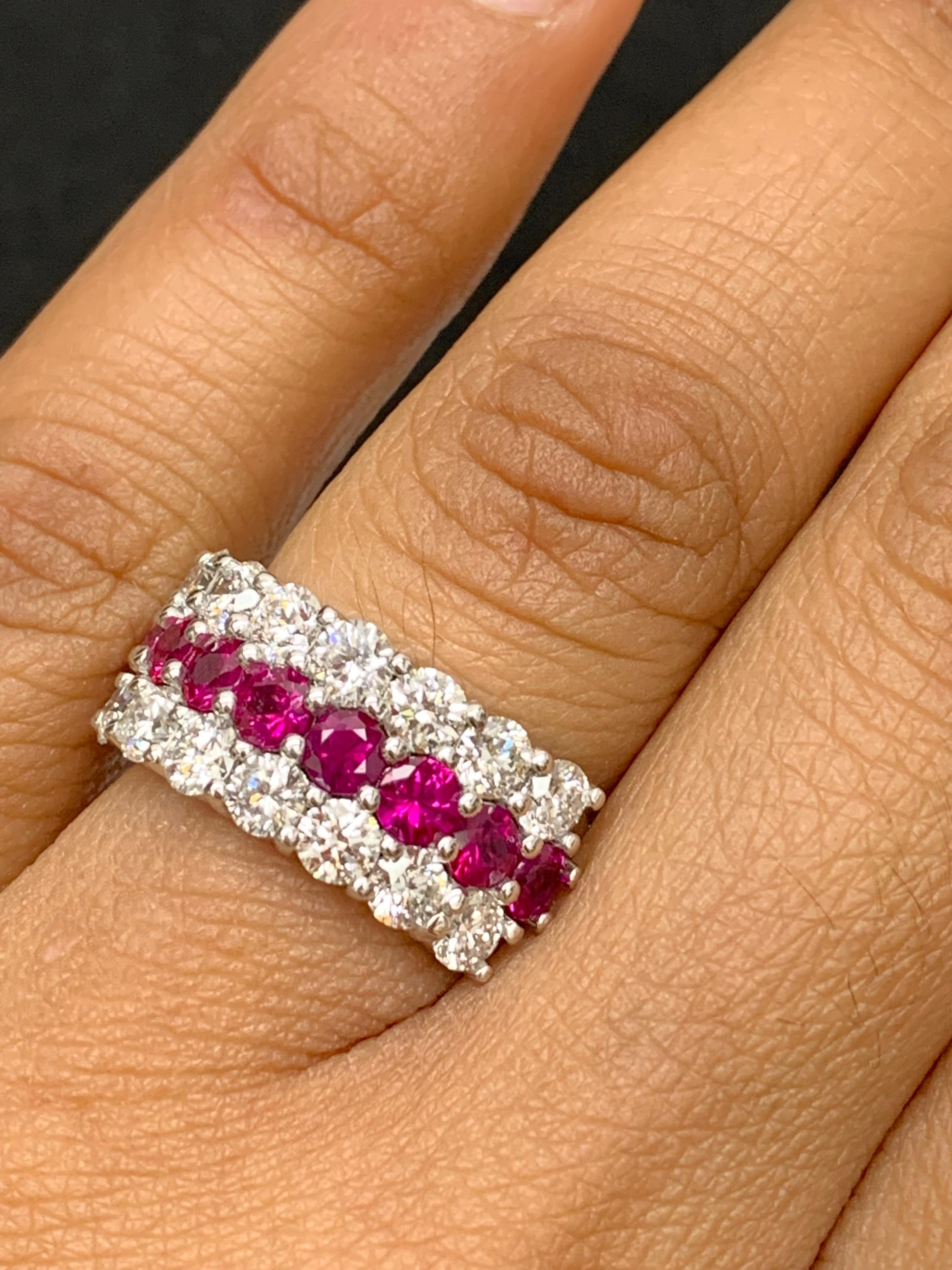 Modern 1.80 Ct Round Shape Ruby and Diamond Three Row Band Ring in 14K White Gold For Sale
