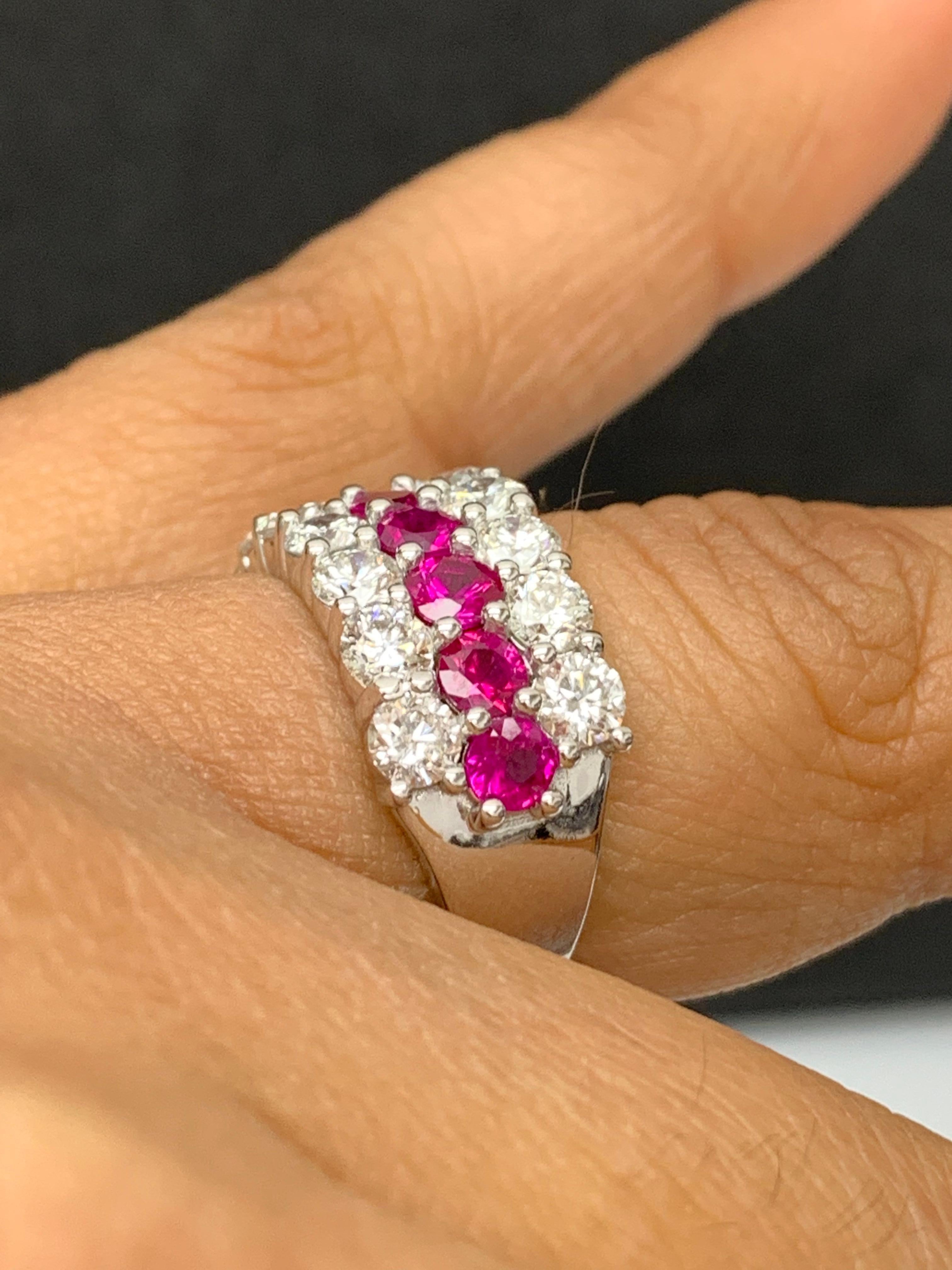 Round Cut 1.80 Ct Round Shape Ruby and Diamond Three Row Band Ring in 14K White Gold For Sale