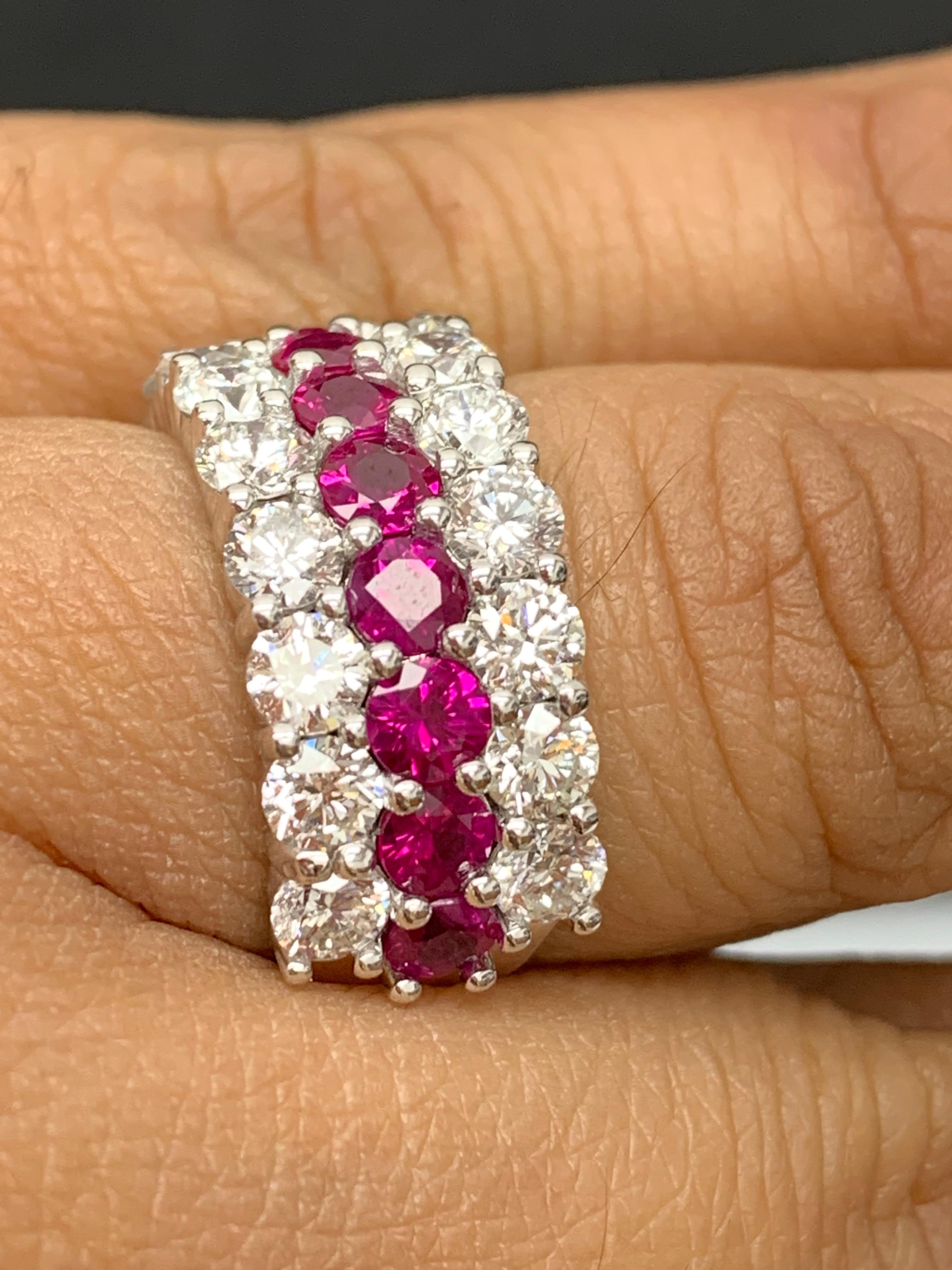 1.80 Ct Round Shape Ruby and Diamond Three Row Band Ring in 14K White Gold In New Condition For Sale In NEW YORK, NY