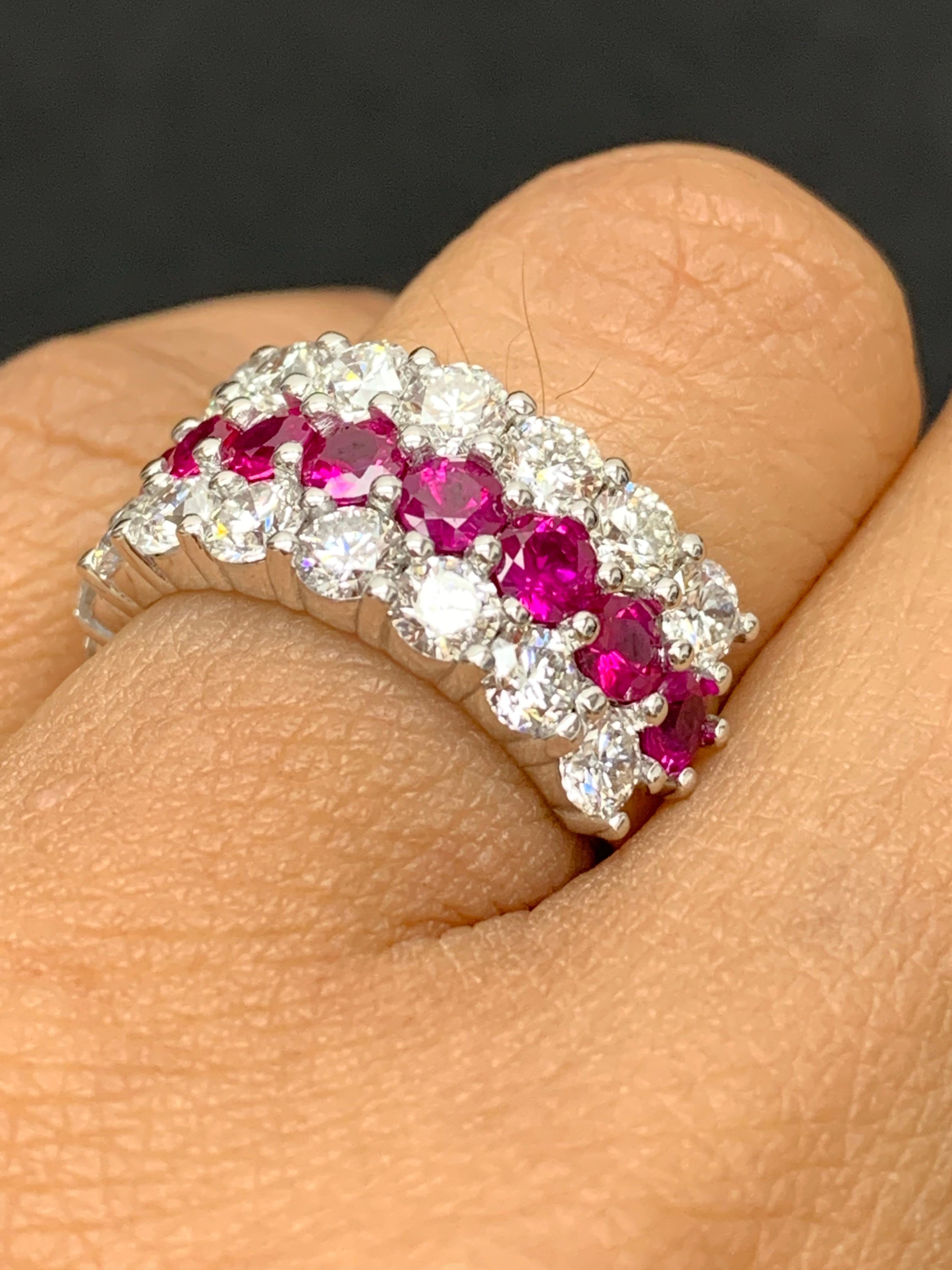 Women's 1.80 Ct Round Shape Ruby and Diamond Three Row Band Ring in 14K White Gold For Sale