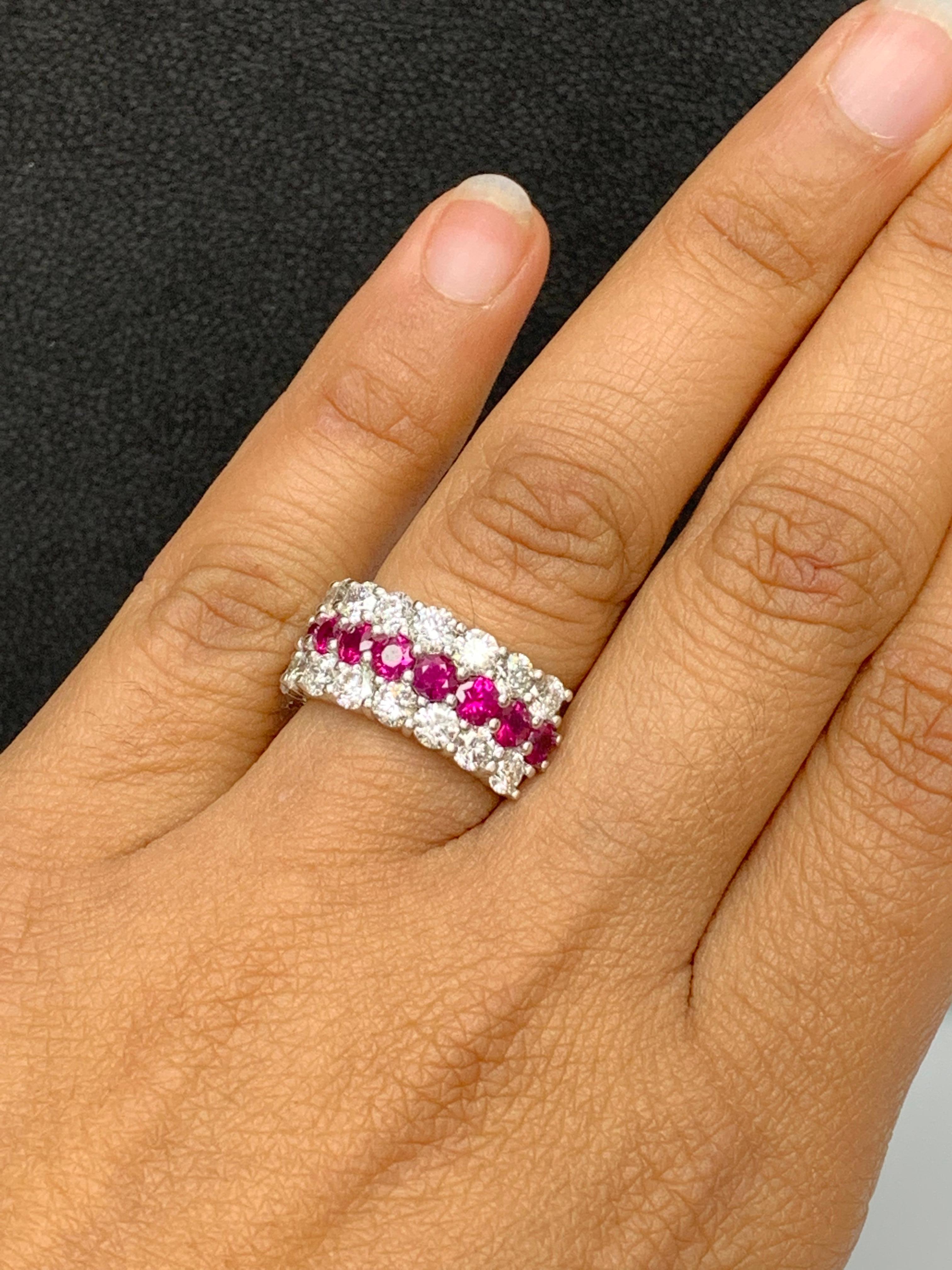1.80 Ct Round Shape Ruby and Diamond Three Row Band Ring in 14K White Gold For Sale 1