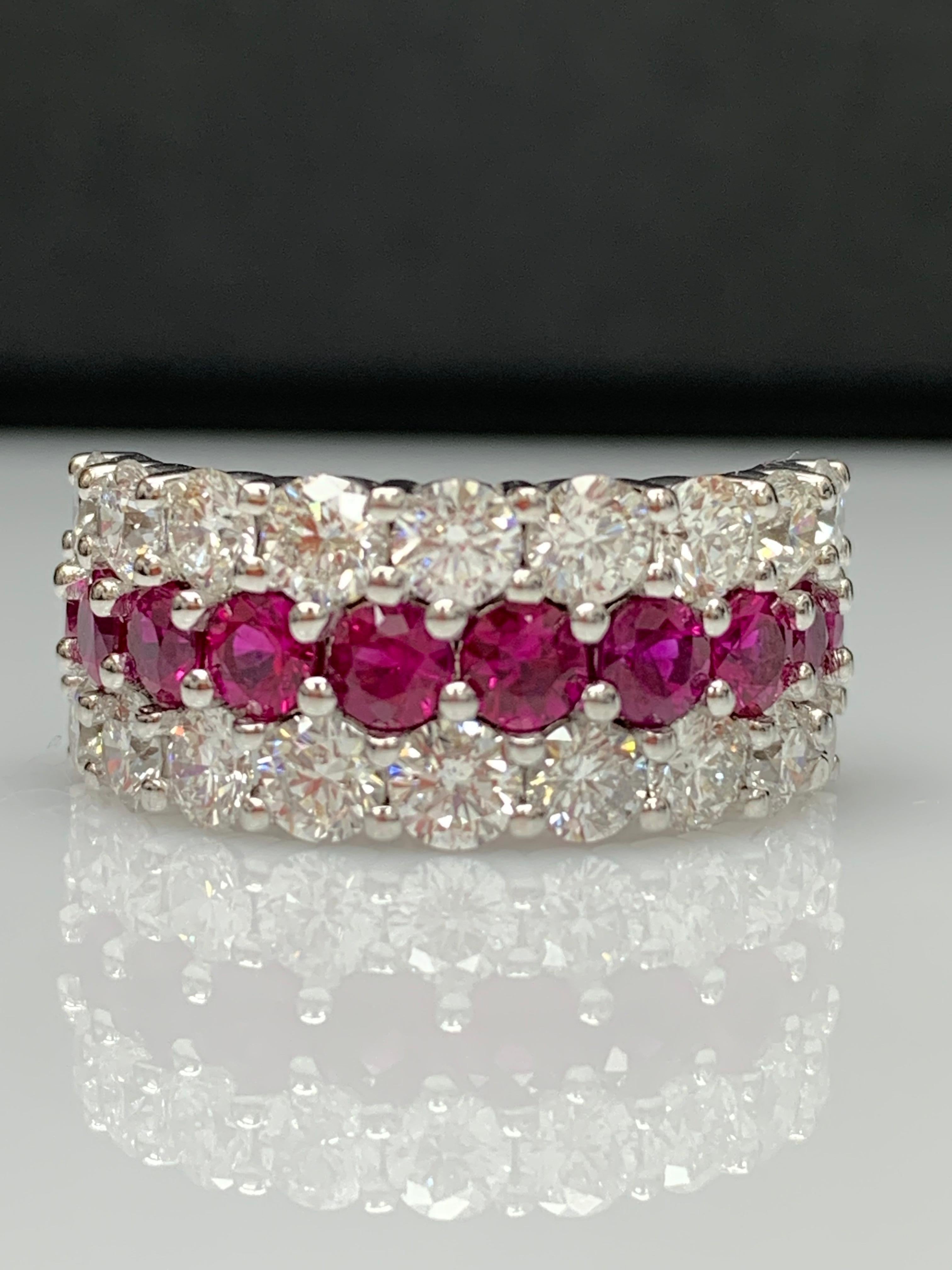 1.80 Ct Round Shape Ruby and Diamond Three Row Band Ring in 14K White Gold For Sale 2