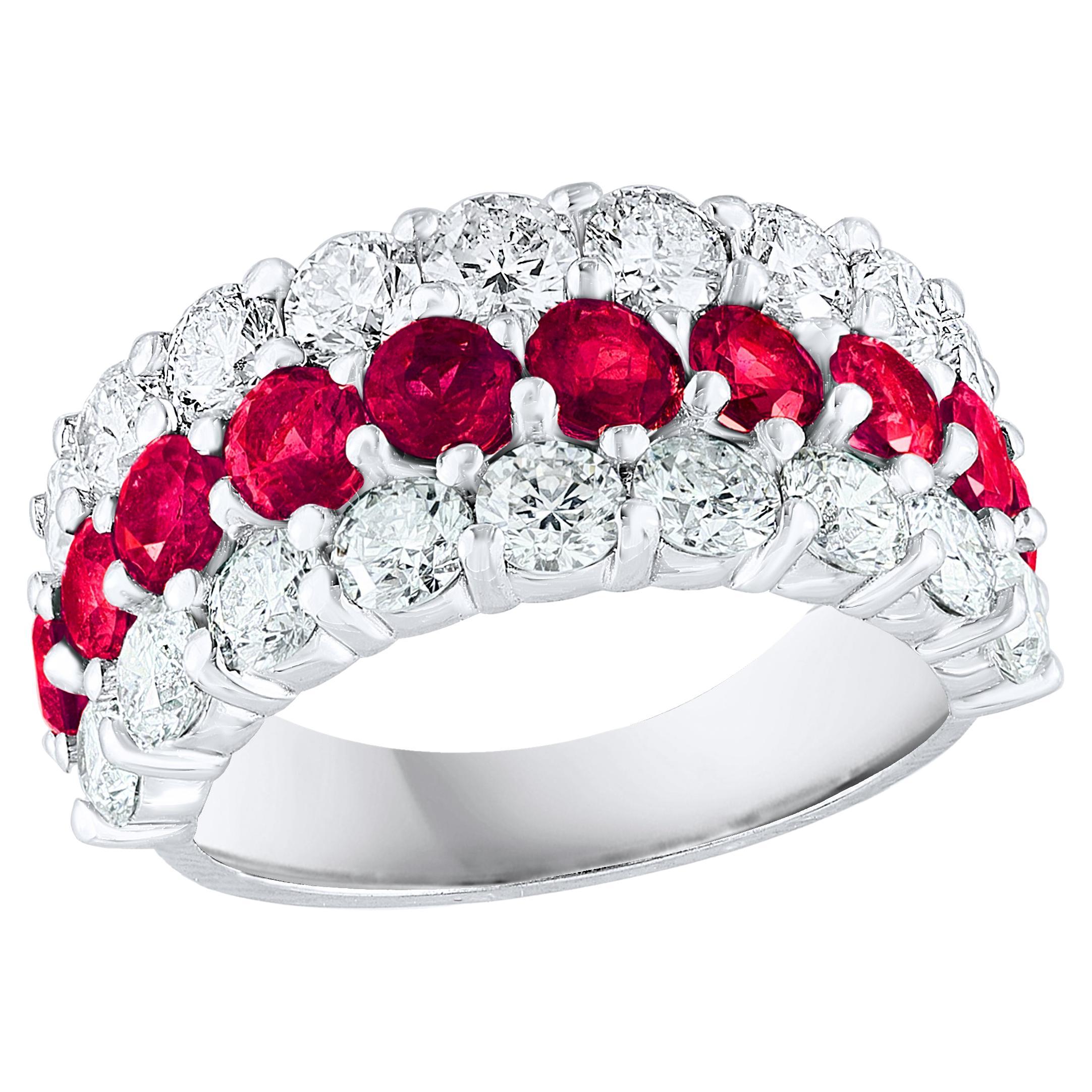 1.80 Ct Round Shape Ruby and Diamond Three Row Band Ring in 14K White Gold (Bague à trois rangs en or blanc 14K)